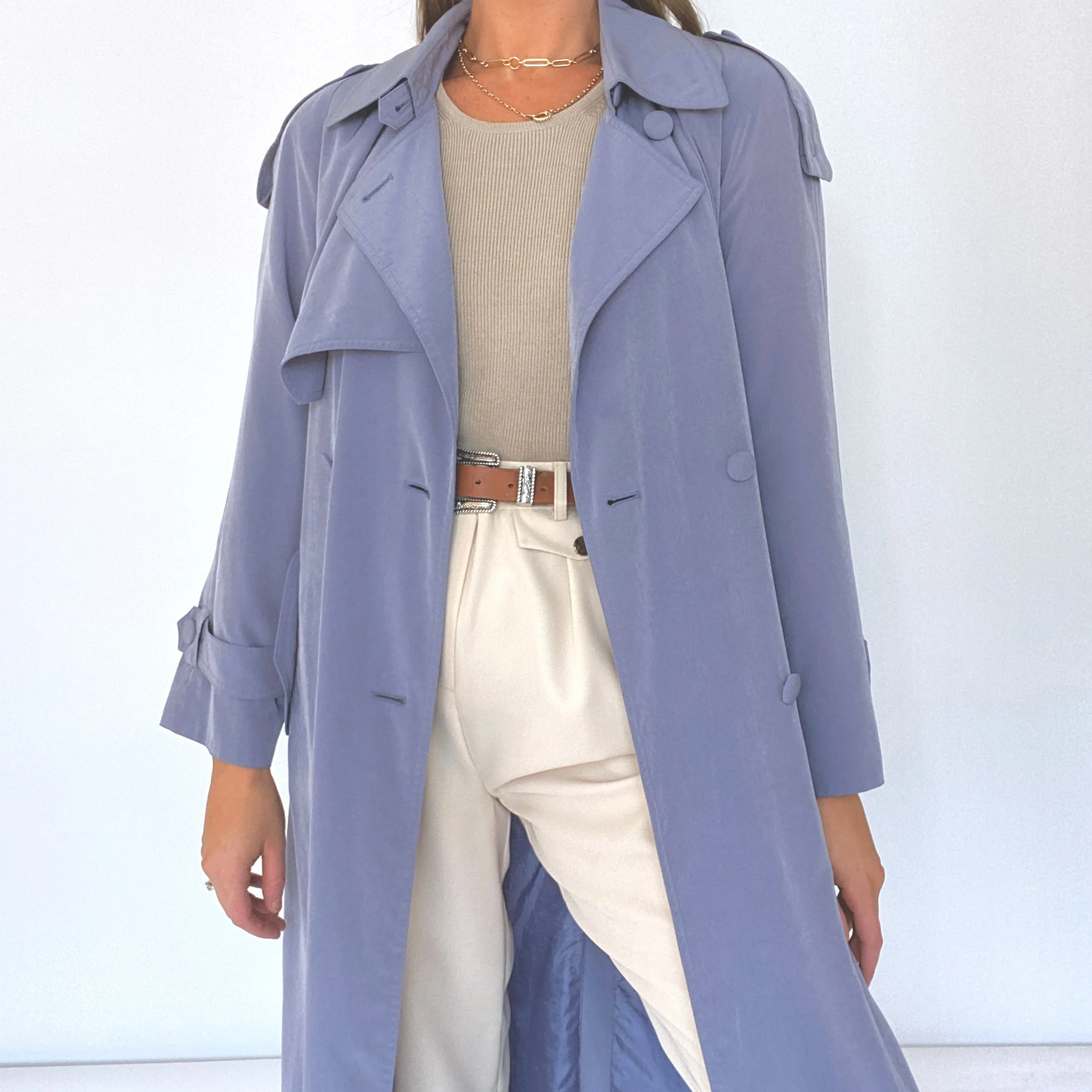 80s/90s Dusty Blue Trench Coat - Image 4