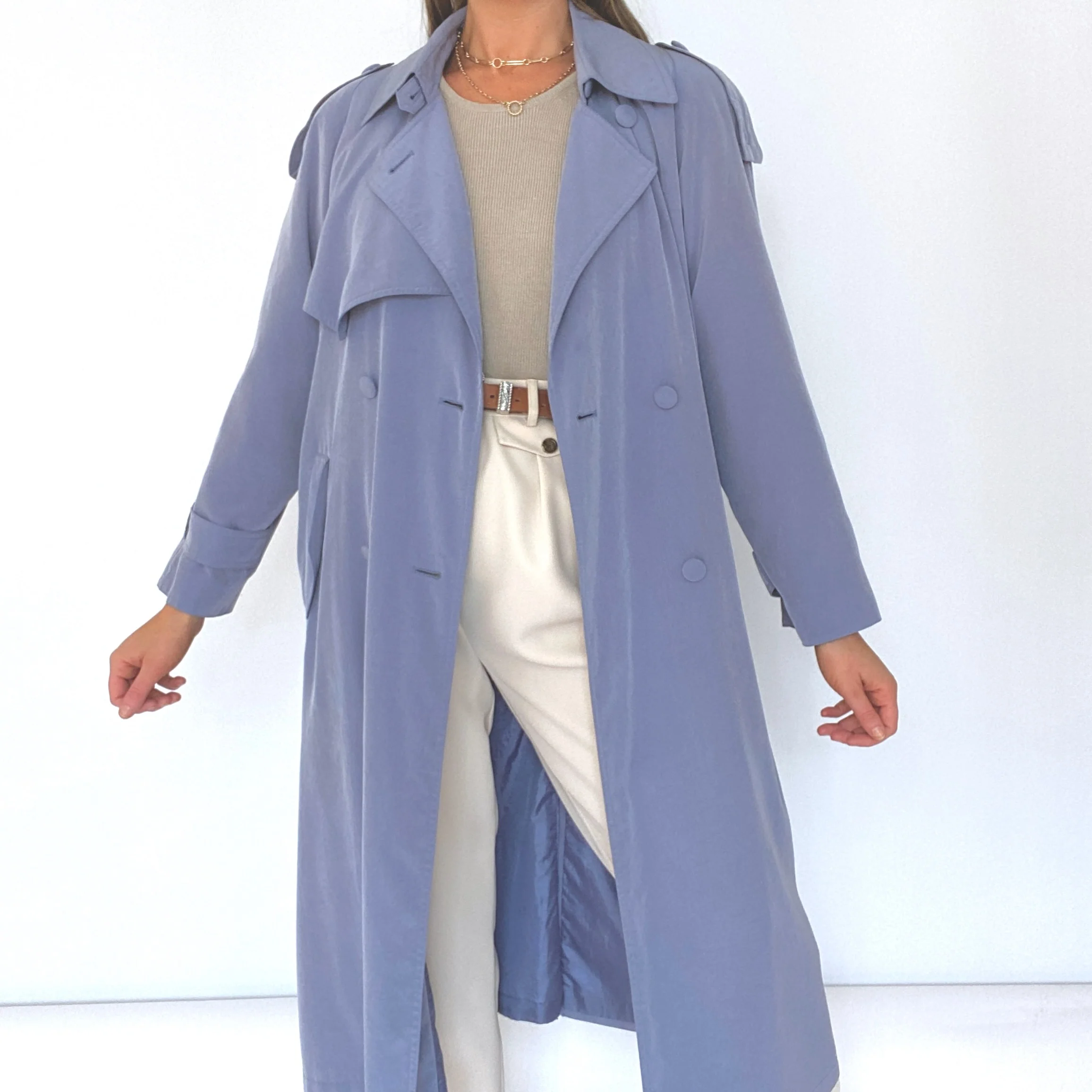 80s/90s Dusty Blue Trench Coat - Image 5