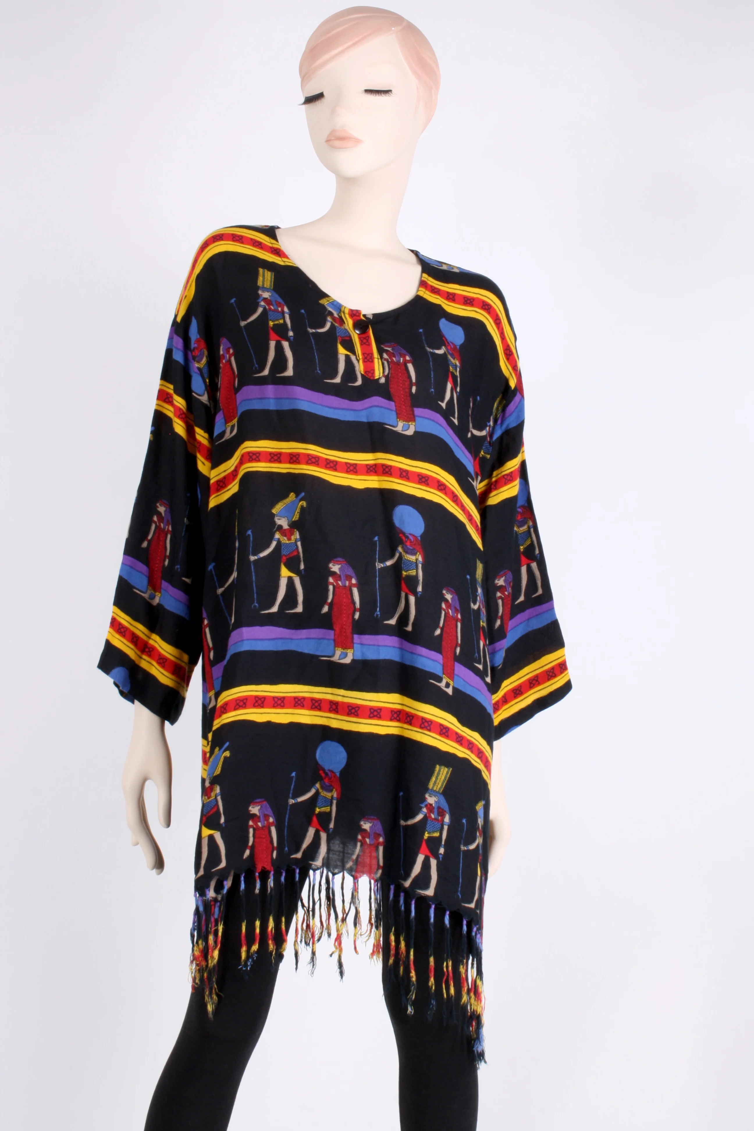 80s/90s Egyptian Figural Long Shirt Soft Fringe Mini Dress - Image 3