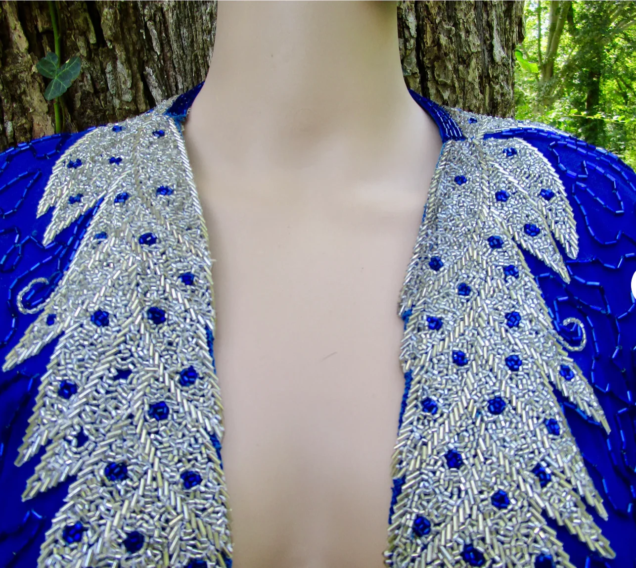 80s/90s Electric Blue Silver Beaded Silk Evening Jacket By Gagni - Image 5