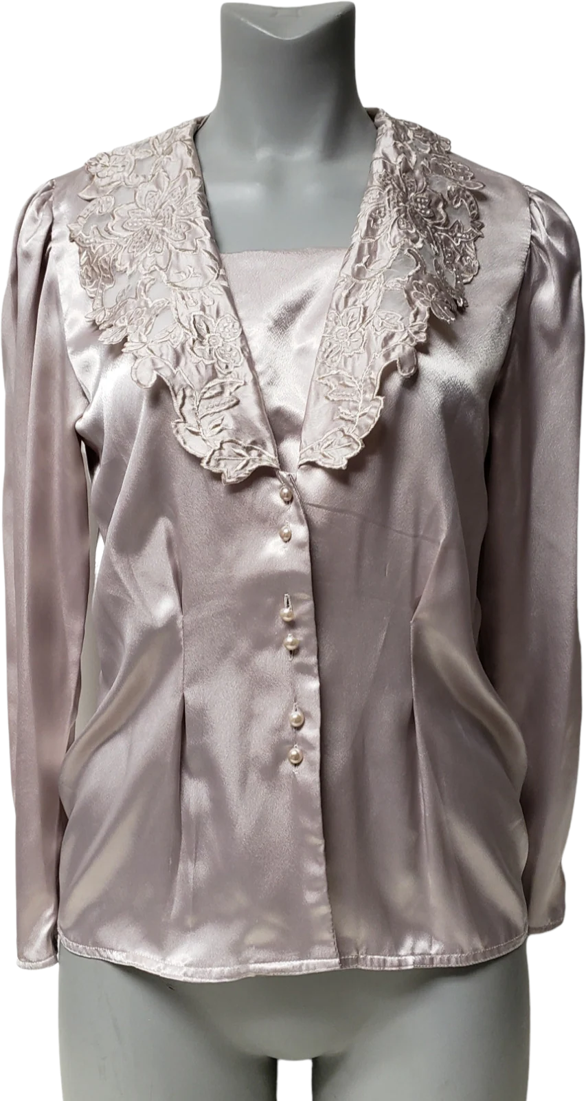 80s/90s Embroidered Collar Long Sleeve Satin Blouse By Nilani