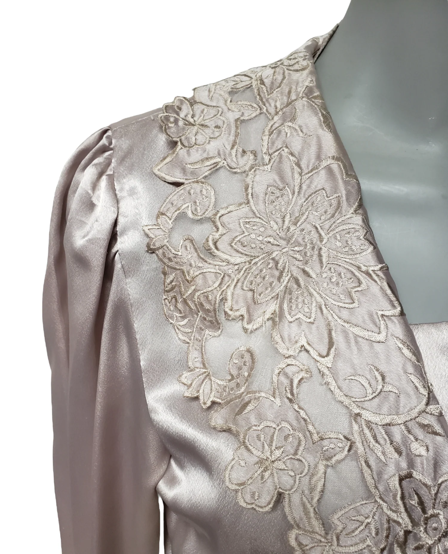 80s/90s Embroidered Collar Long Sleeve Satin Blouse By Nilani - Image 3