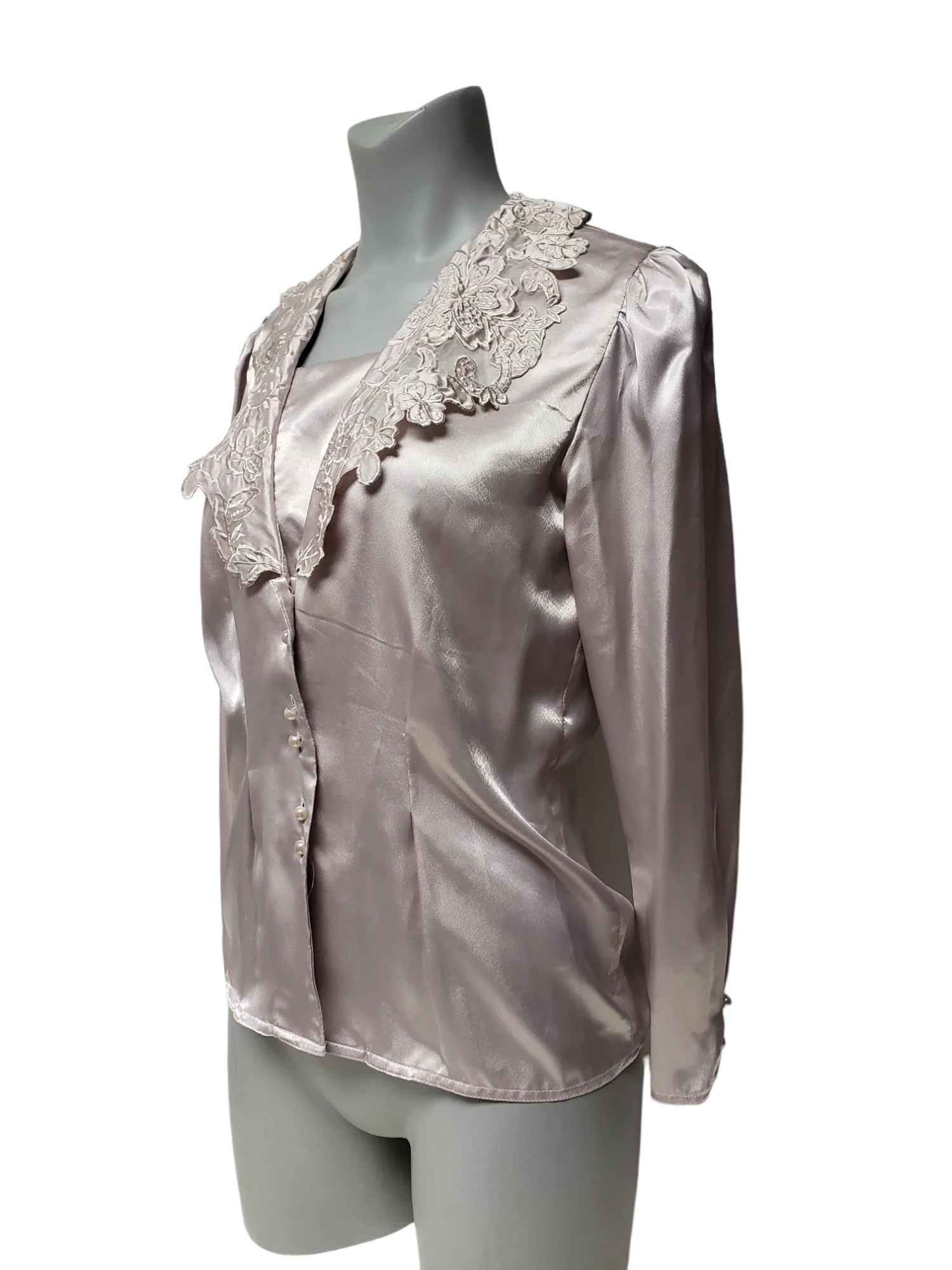 80s/90s Embroidered Collar Long Sleeve Satin Blouse By Nilani - Image 4