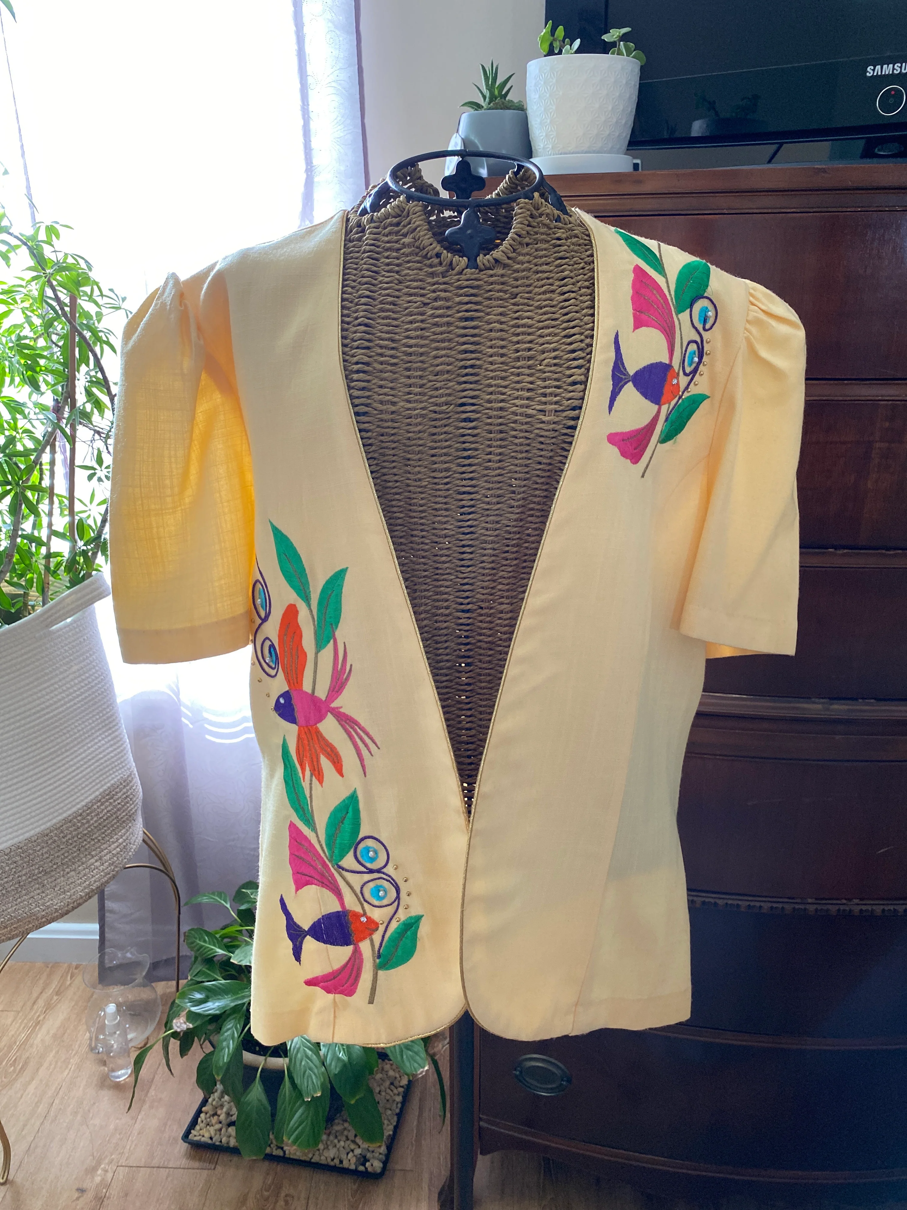 80s/90s Embroidery Beading And Rhinestone Fish Blazer By Michel Elliot - Image 3