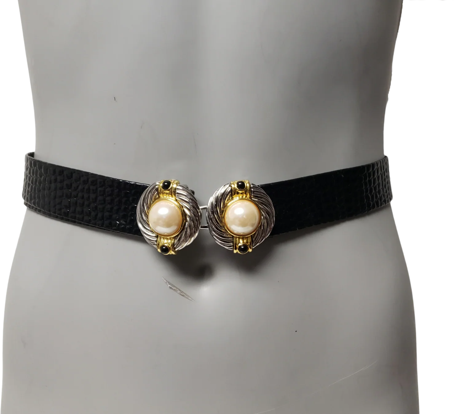 80s/90s Faux Pearl Statement Belt Buckle Faux Leather Belt By Paquette