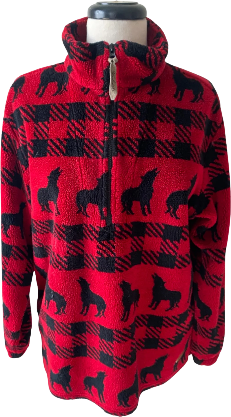 80s/90s Fleece Wool Blend Sweater Red Plaid Wolf Howl M By Woolrich