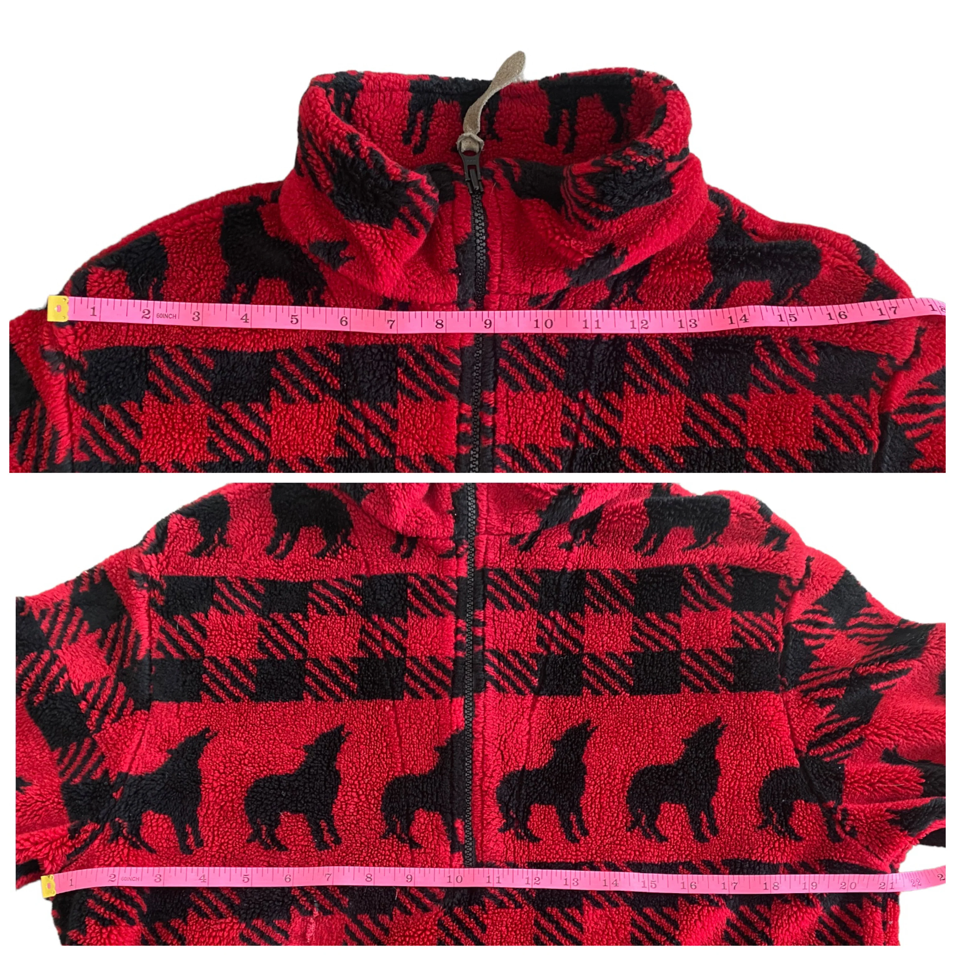 80s/90s Fleece Wool Blend Sweater Red Plaid Wolf Howl M By Woolrich - Image 12