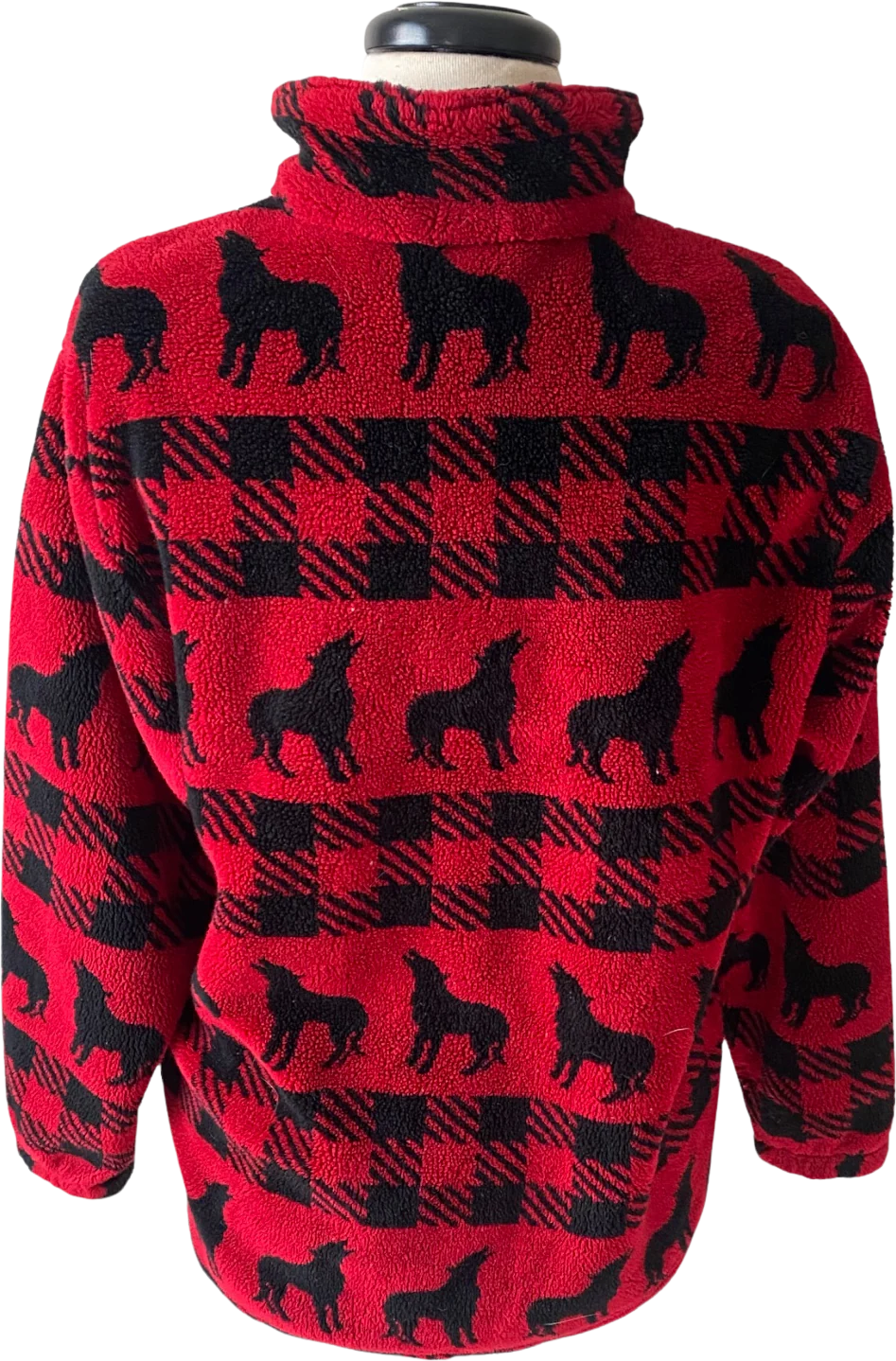80s/90s Fleece Wool Blend Sweater Red Plaid Wolf Howl M By Woolrich - Image 2