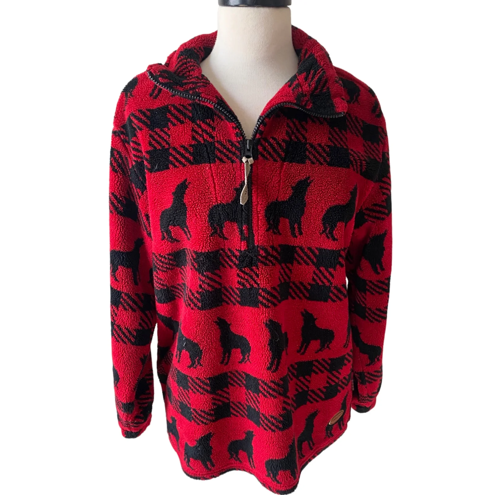 80s/90s Fleece Wool Blend Sweater Red Plaid Wolf Howl M By Woolrich - Image 5