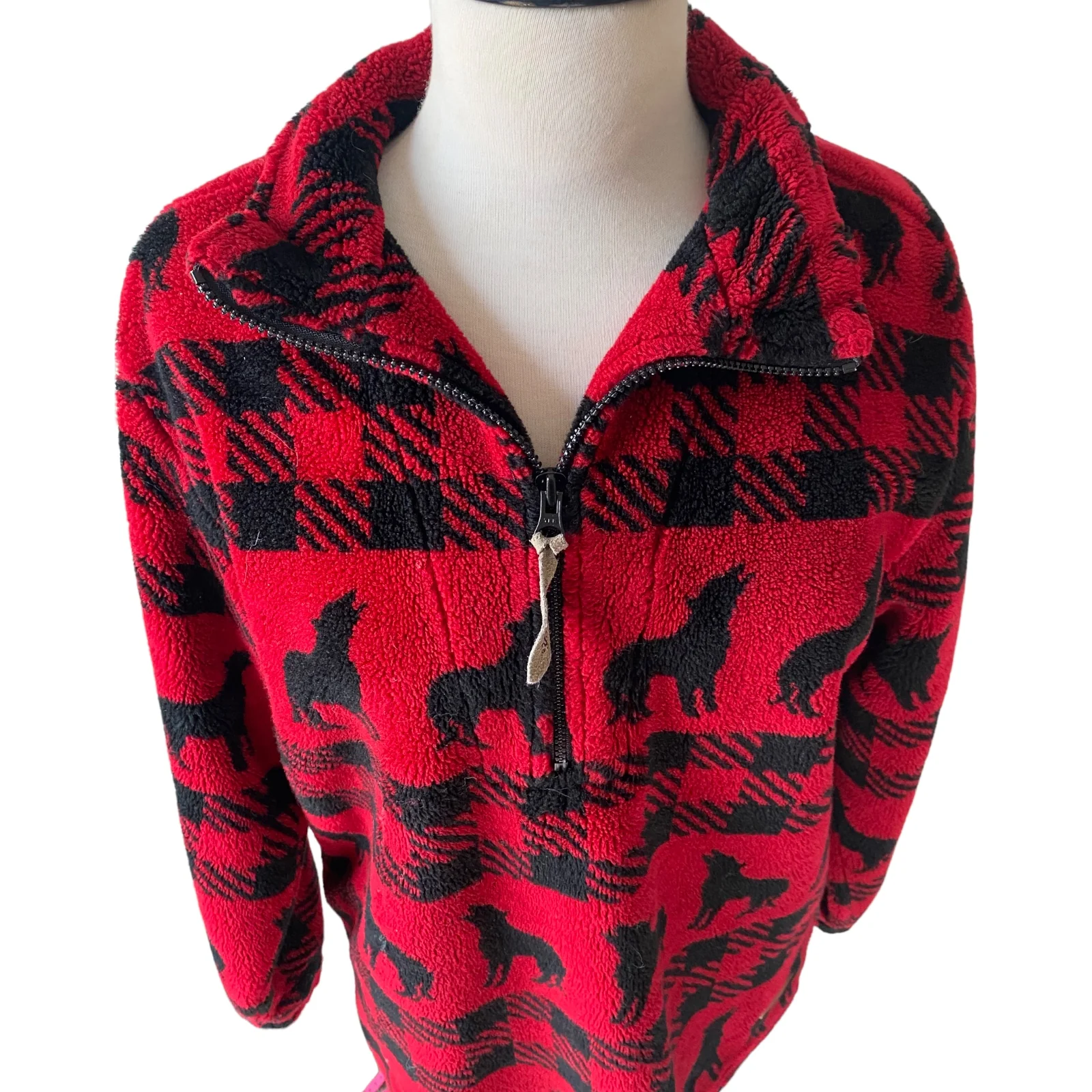 80s/90s Fleece Wool Blend Sweater Red Plaid Wolf Howl M By Woolrich - Image 6