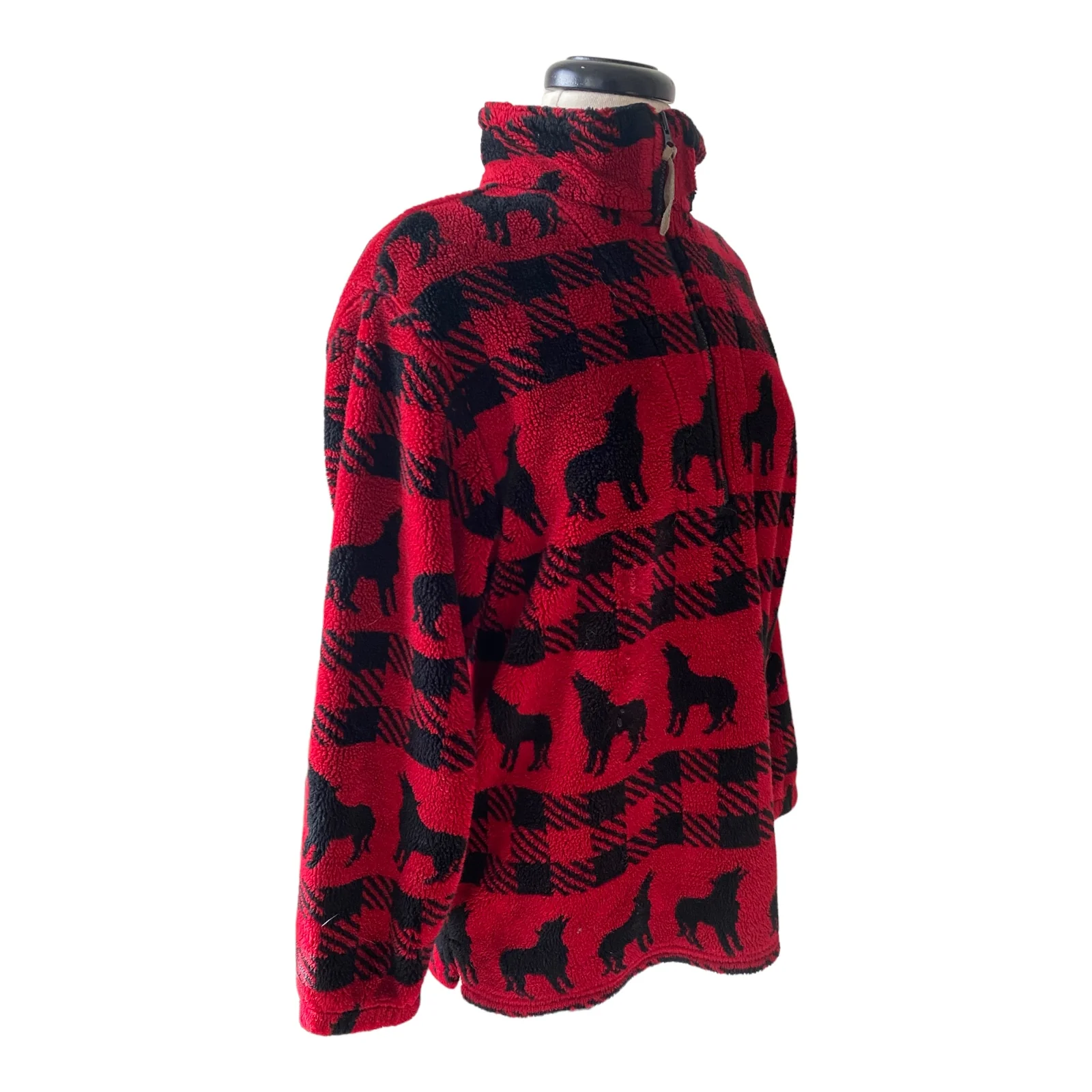 80s/90s Fleece Wool Blend Sweater Red Plaid Wolf Howl M By Woolrich - Image 8