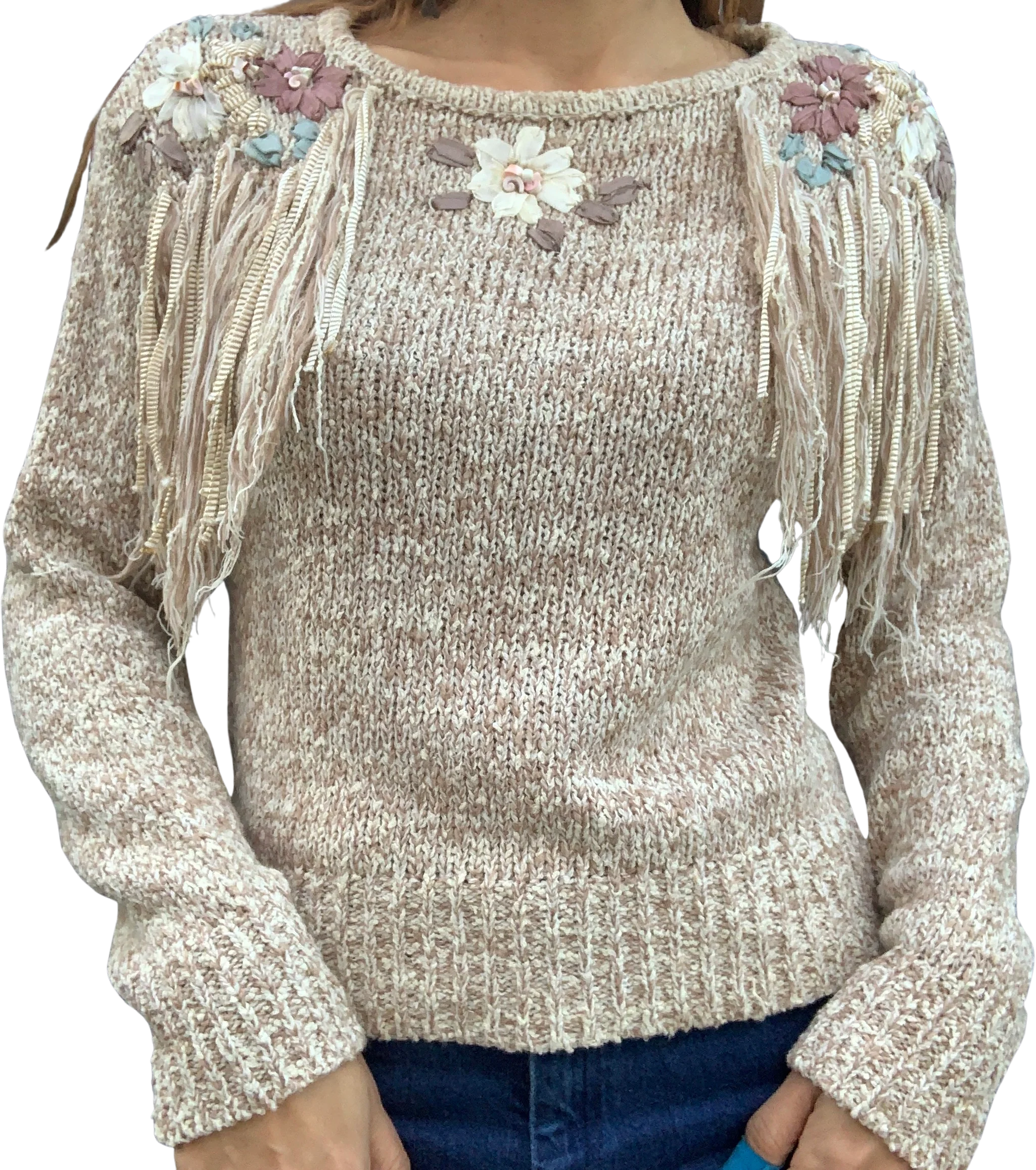 80s/90s Floral Embroidered Sweater With Fringe By Marieakim