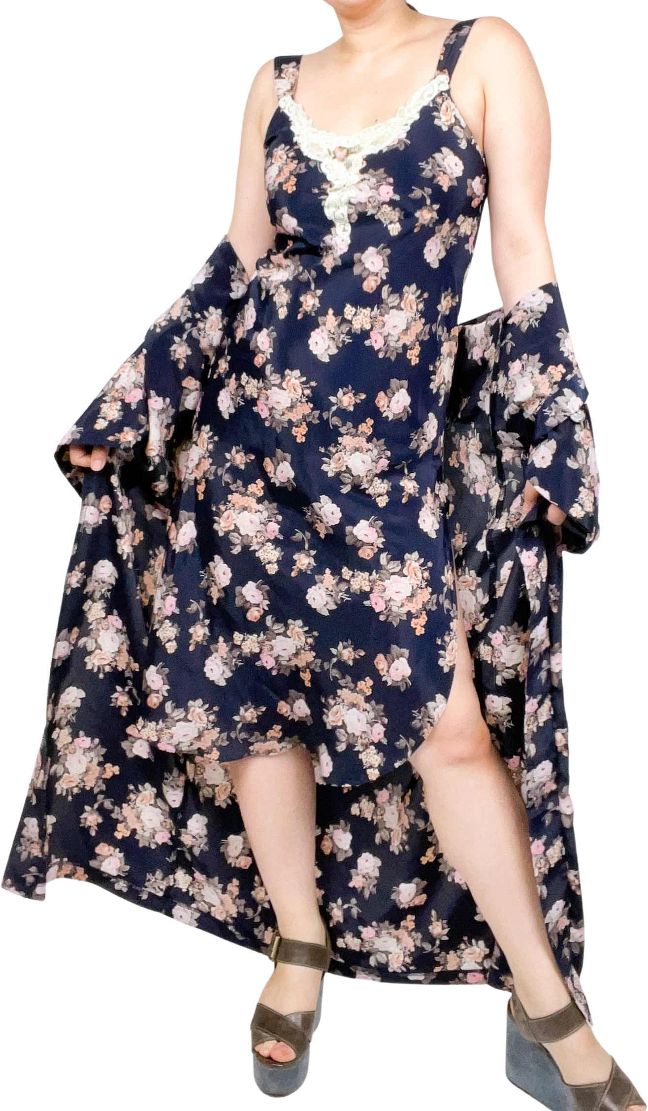 80s/90s Floral Fairycore Slip Dress And Robe Set Fairycore By California Dynasty