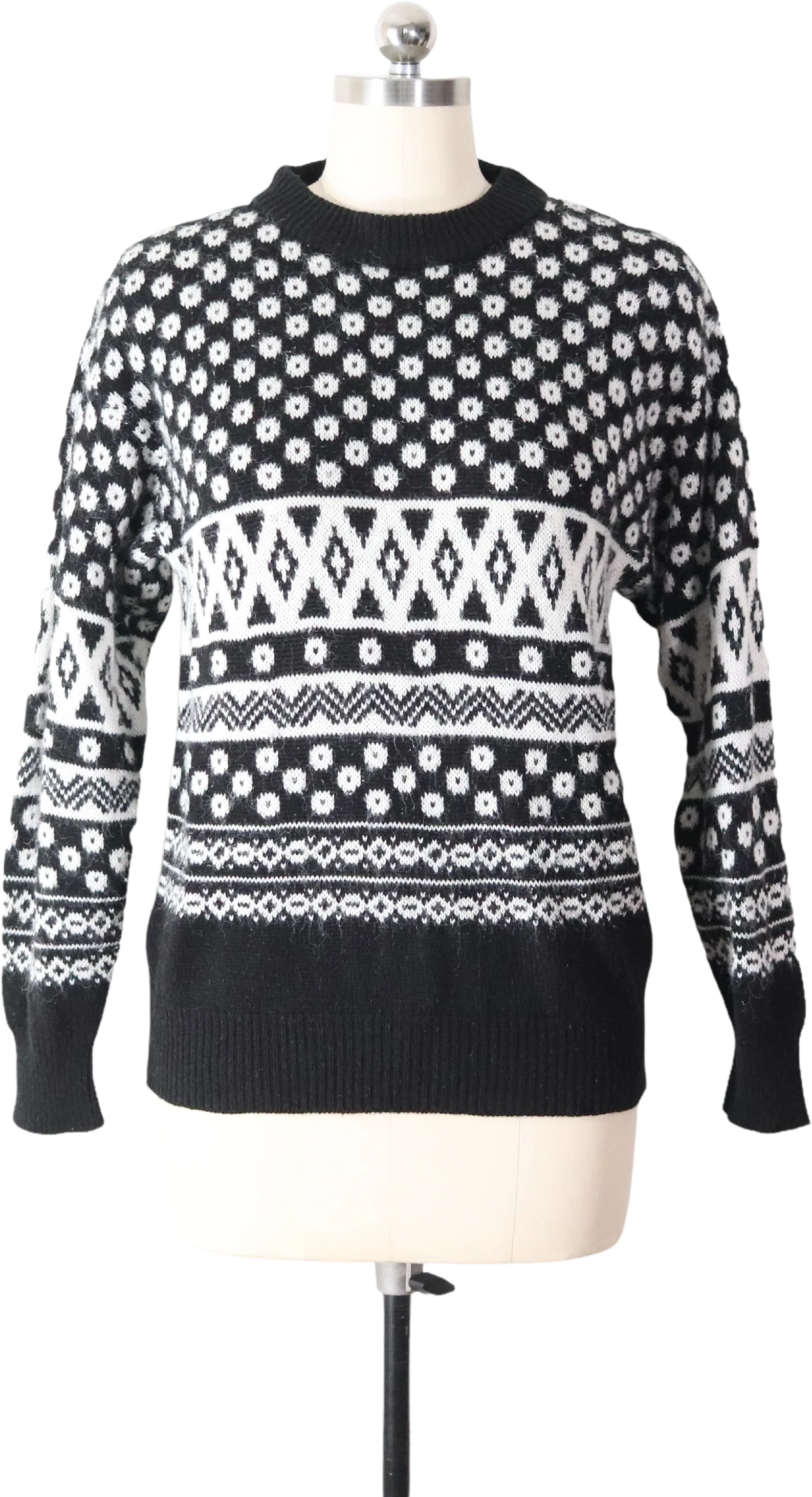 80s/90s Fluffy Black And White Geometric Pattern Sweater By New Concepts
