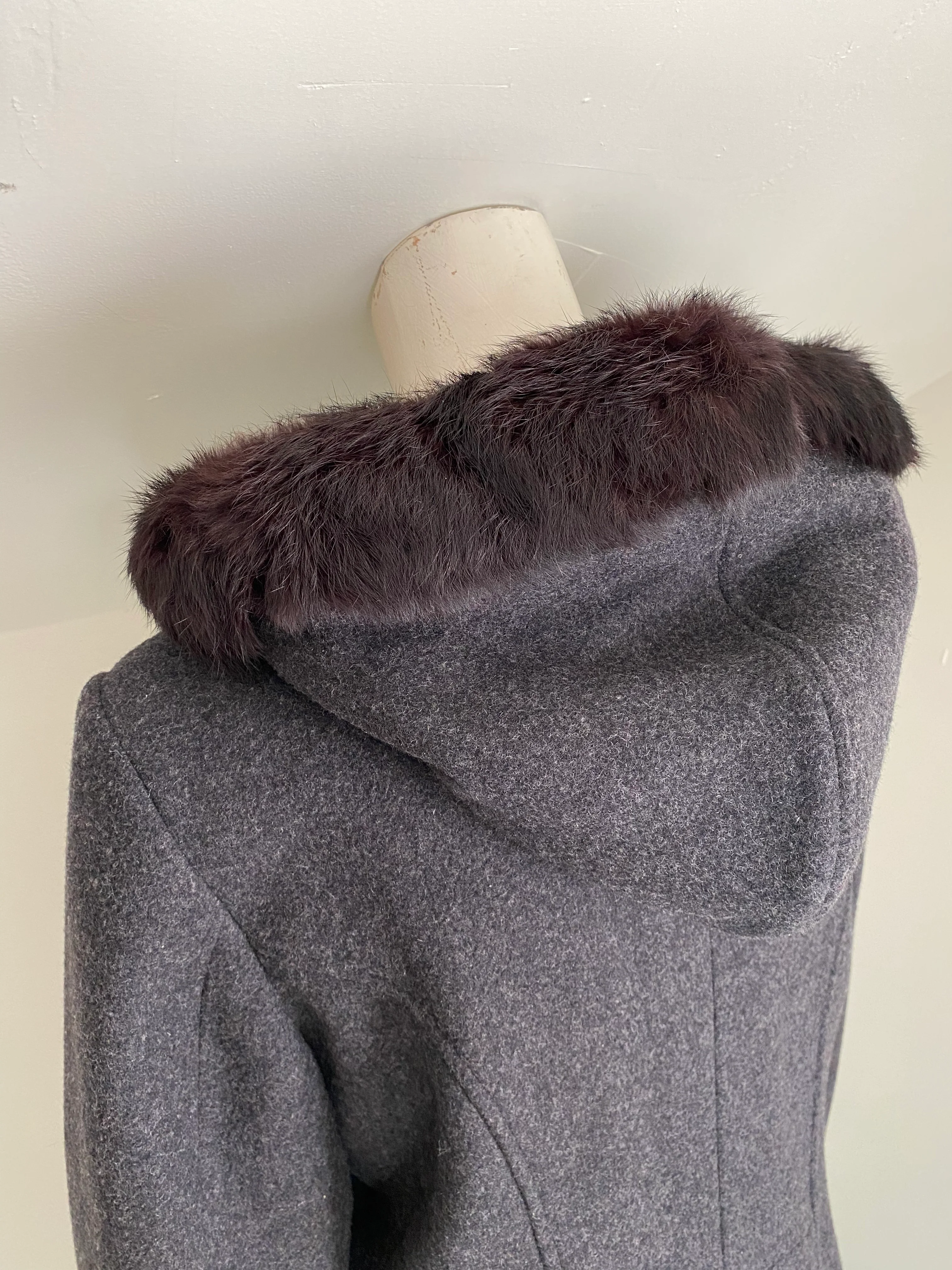 90s/00s Full Length Wool Overcoat With Fur Trim Hood By Worthington - Image 10