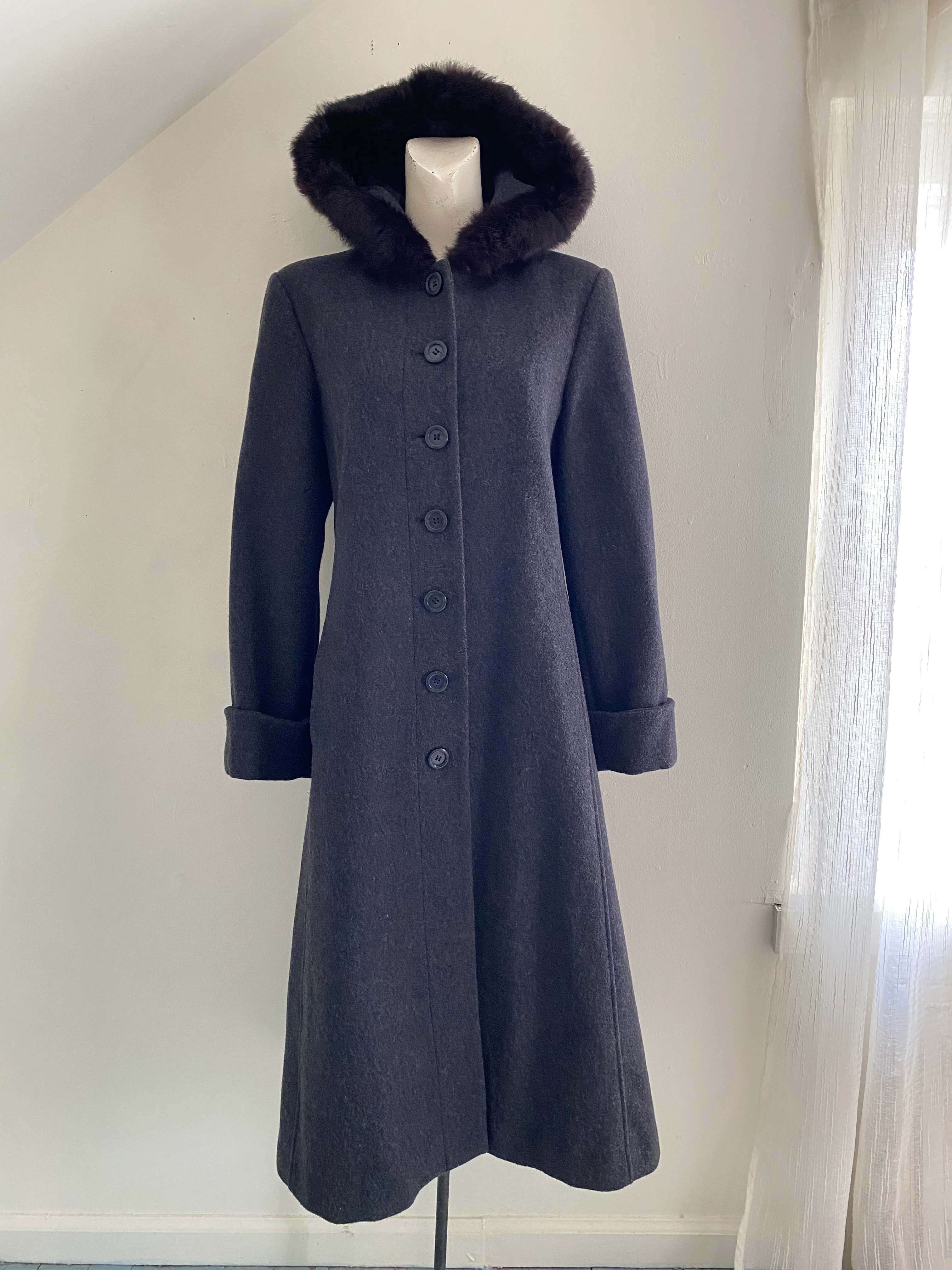 90s/00s Full Length Wool Overcoat With Fur Trim Hood By Worthington - Image 6