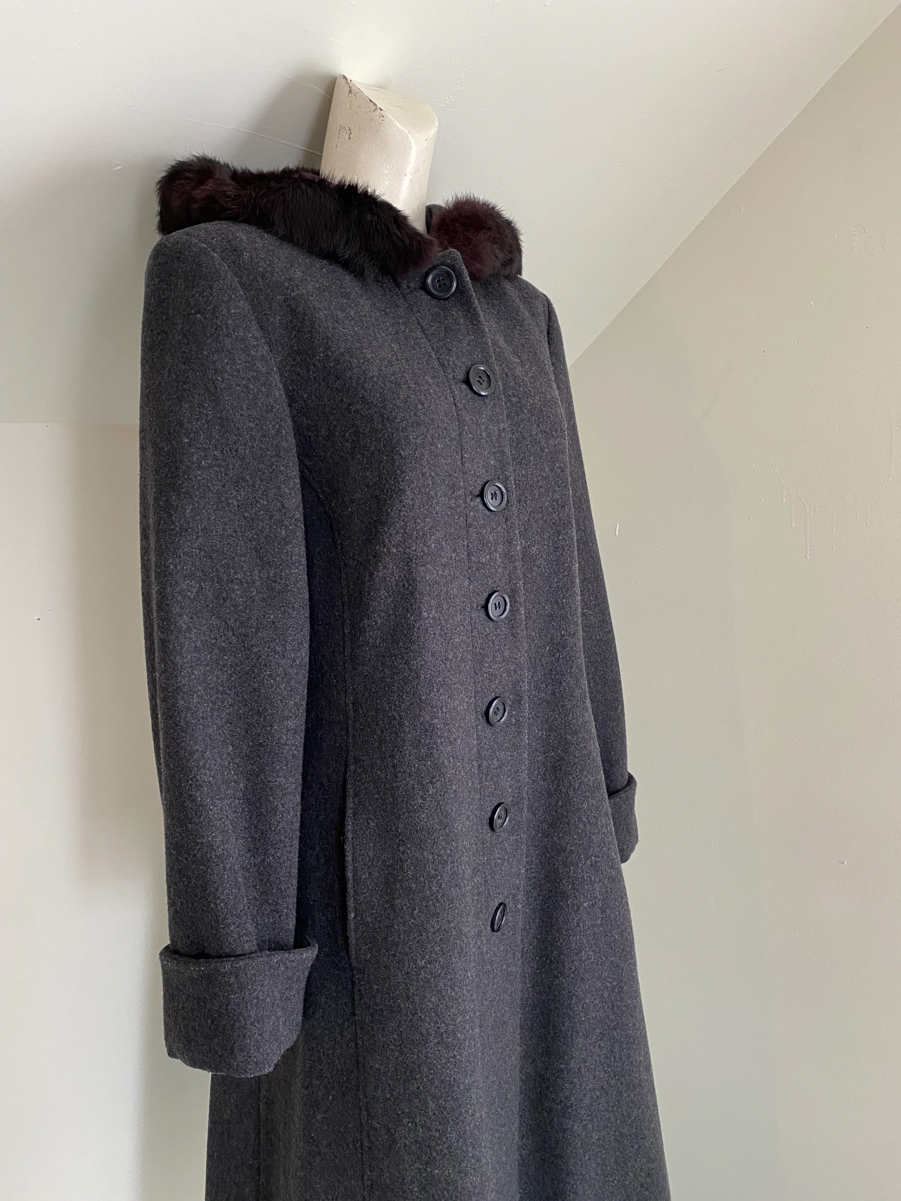 90s/00s Full Length Wool Overcoat With Fur Trim Hood By Worthington - Image 7