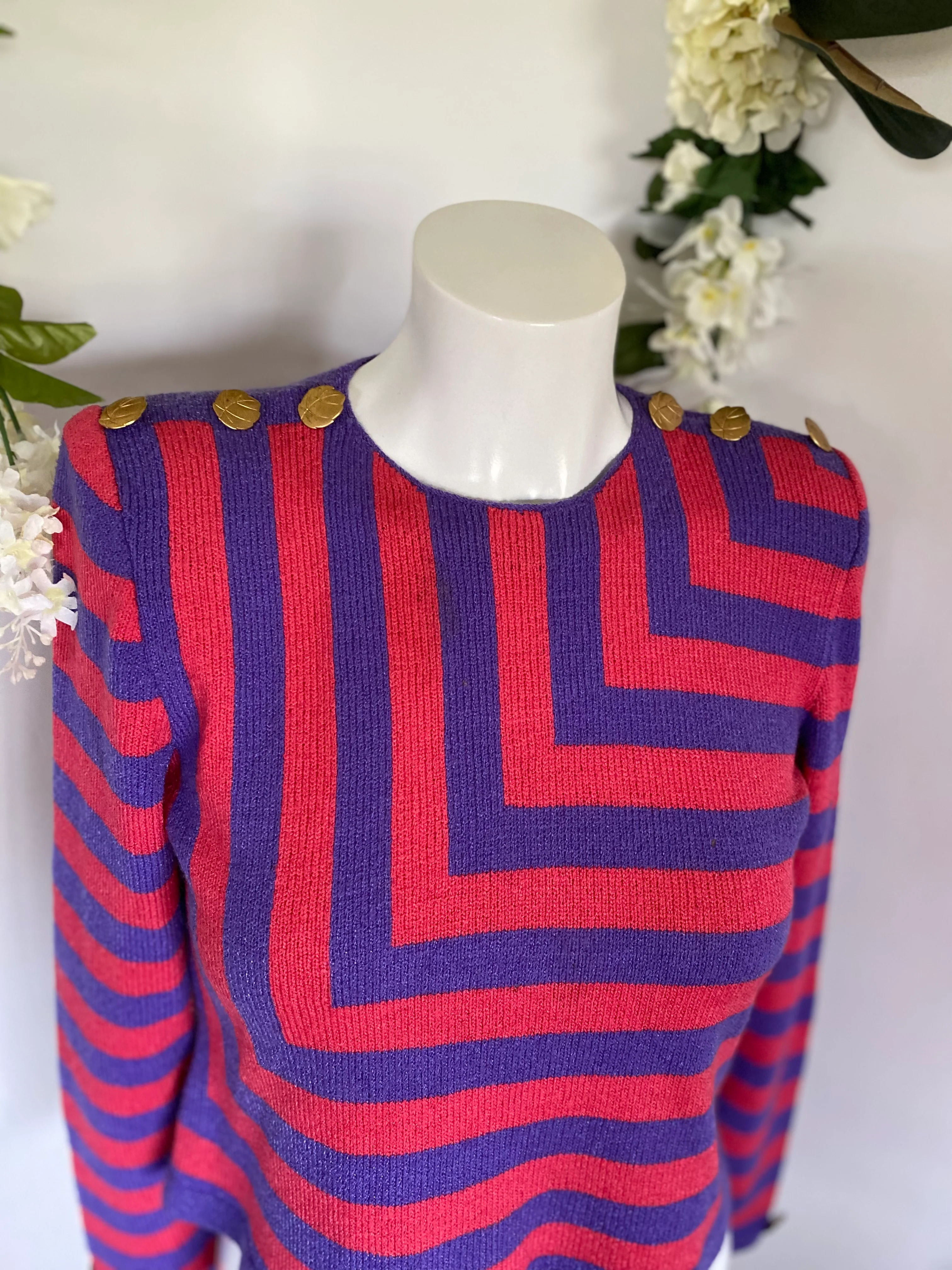 80s/90s Fuschia And Purple Diagonal Cropped Sweater Xs By Barbara Koto - Image 6