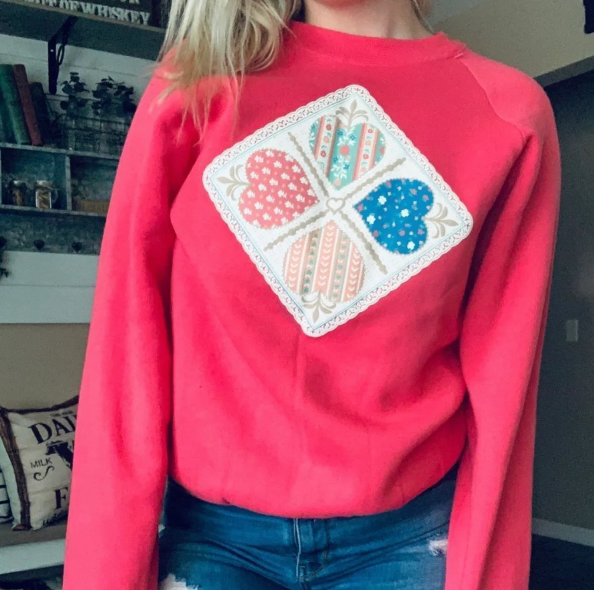 80s/90s Geometric Rustic Primitive Hearts Sweatshirt By Endless Designs - Image 3