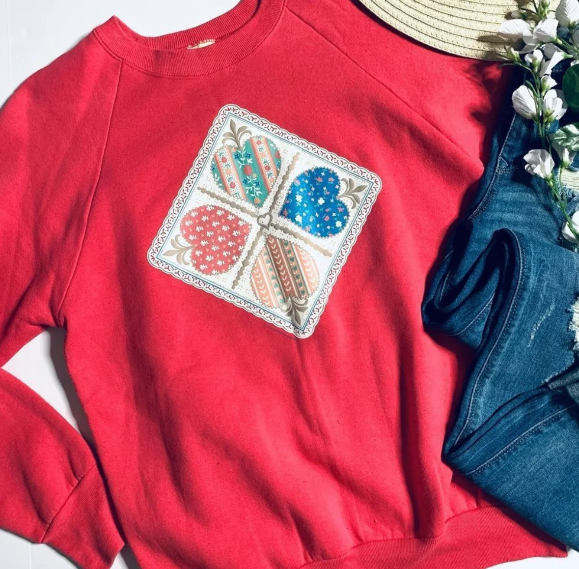 80s/90s Geometric Rustic Primitive Hearts Sweatshirt By Endless Designs - Image 4