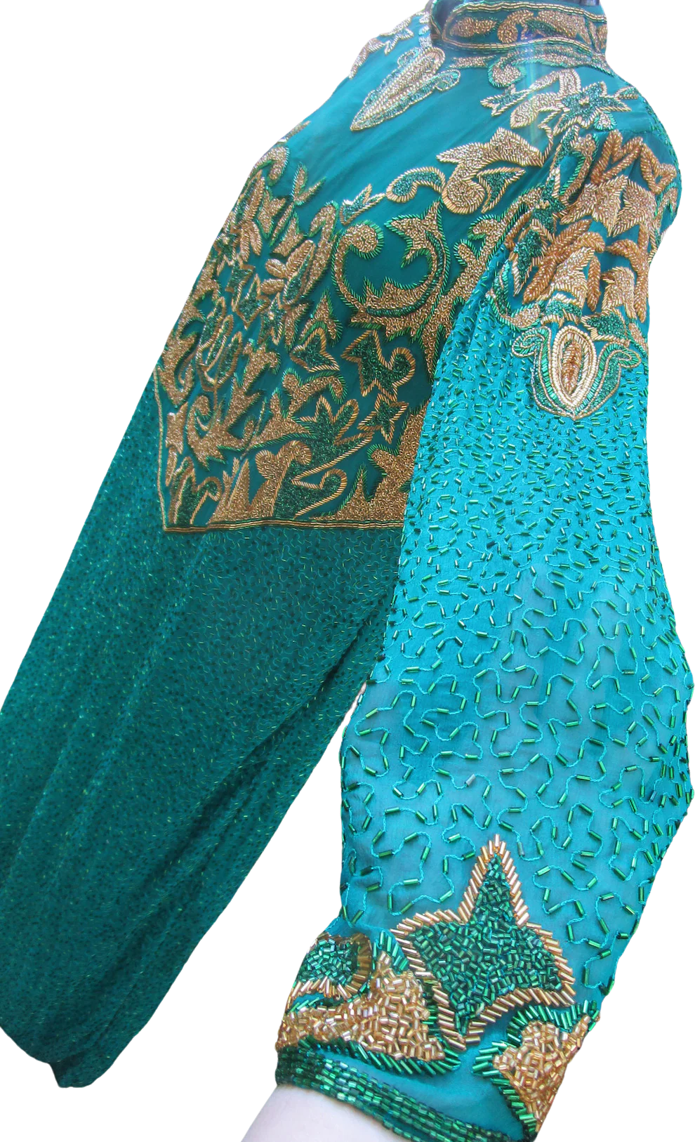 80s/90s Glittery Beaded Teal Peacock Blue Silk Gown By Vinnie - Image 3