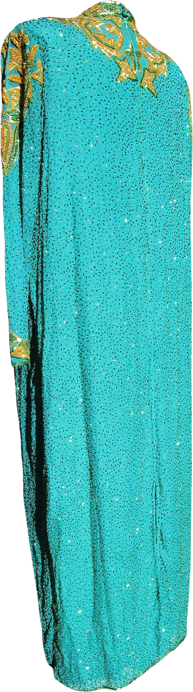 80s/90s Glittery Beaded Teal Peacock Blue Silk Gown By Vinnie - Image 4