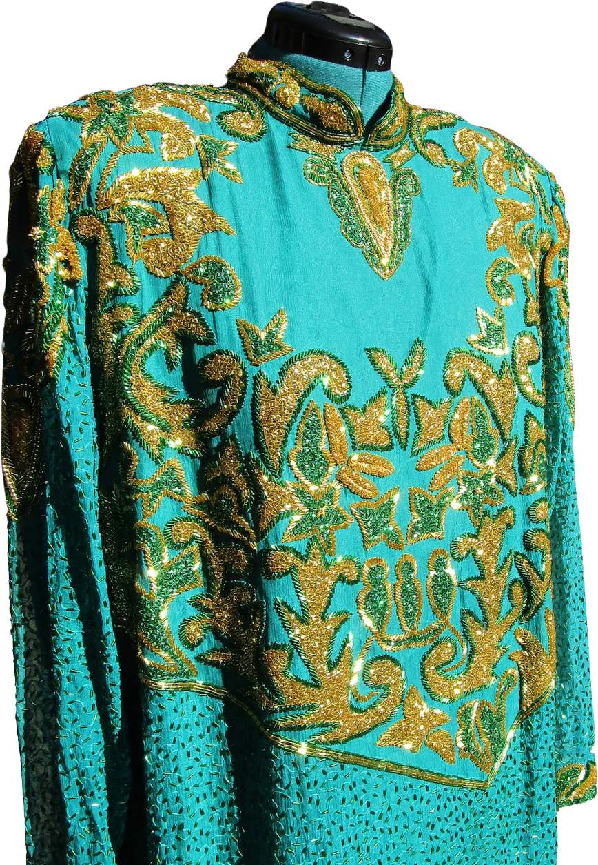 80s/90s Glittery Beaded Teal Peacock Blue Silk Gown By Vinnie - Image 5