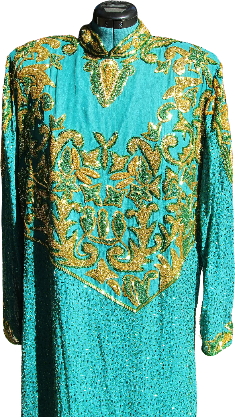 80s/90s Glittery Beaded Teal Peacock Blue Silk Gown By Vinnie - Image 8