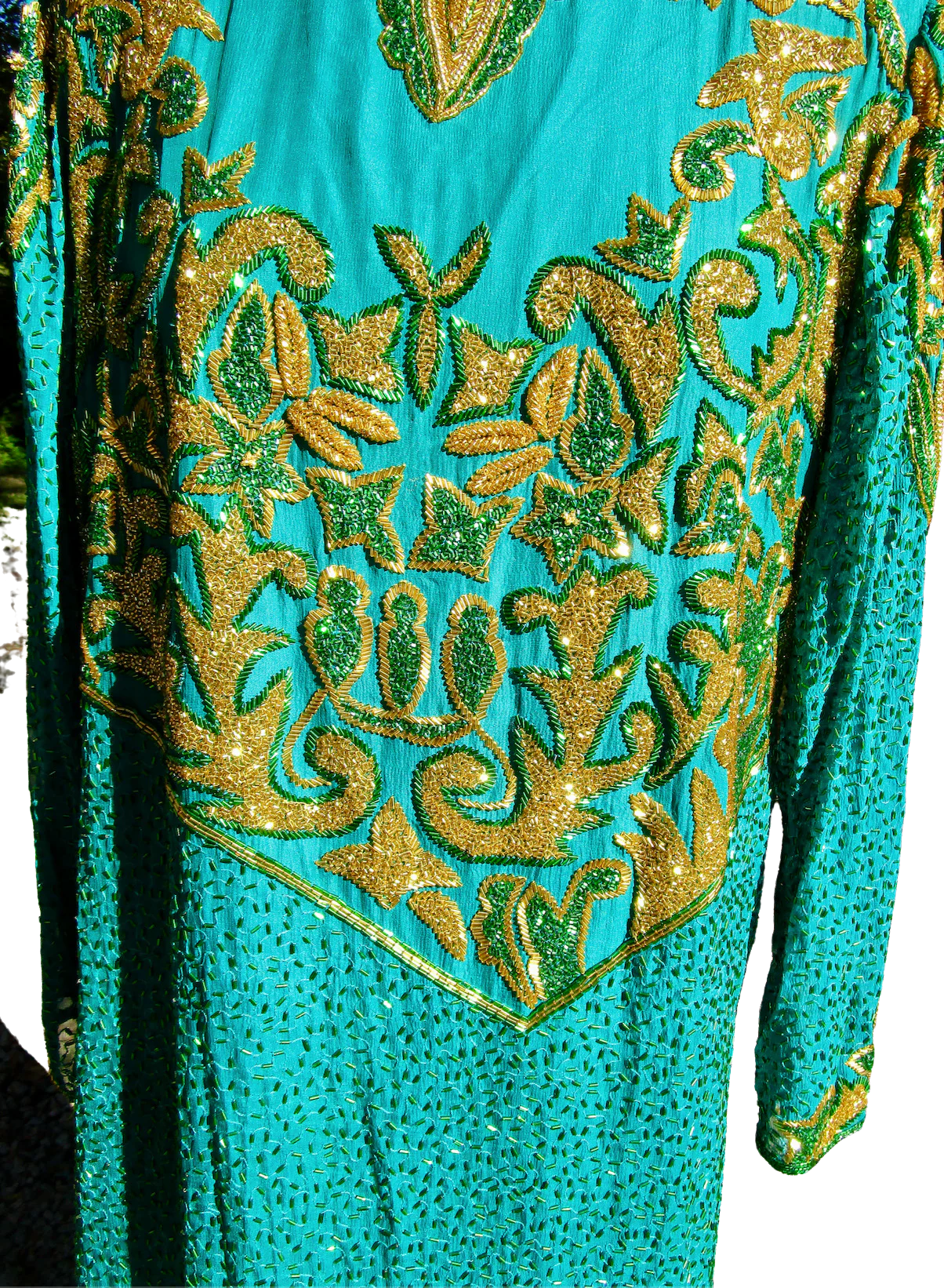 80s/90s Glittery Beaded Teal Peacock Blue Silk Gown By Vinnie - Image 9