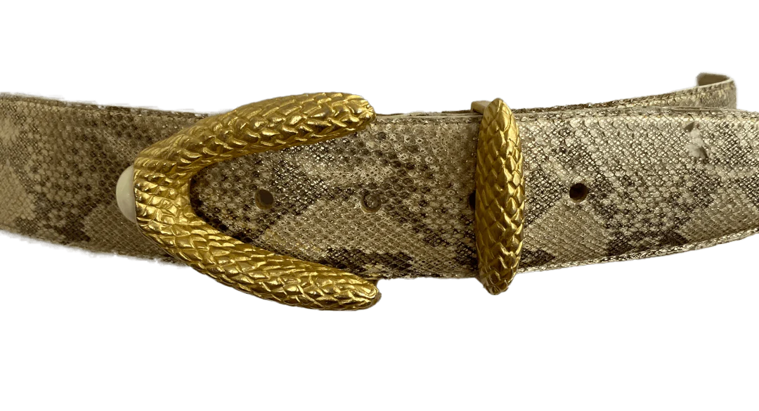 80s/90s Gold Snakeskin Print Belt With Ornate Gold Buckle By Carlisle