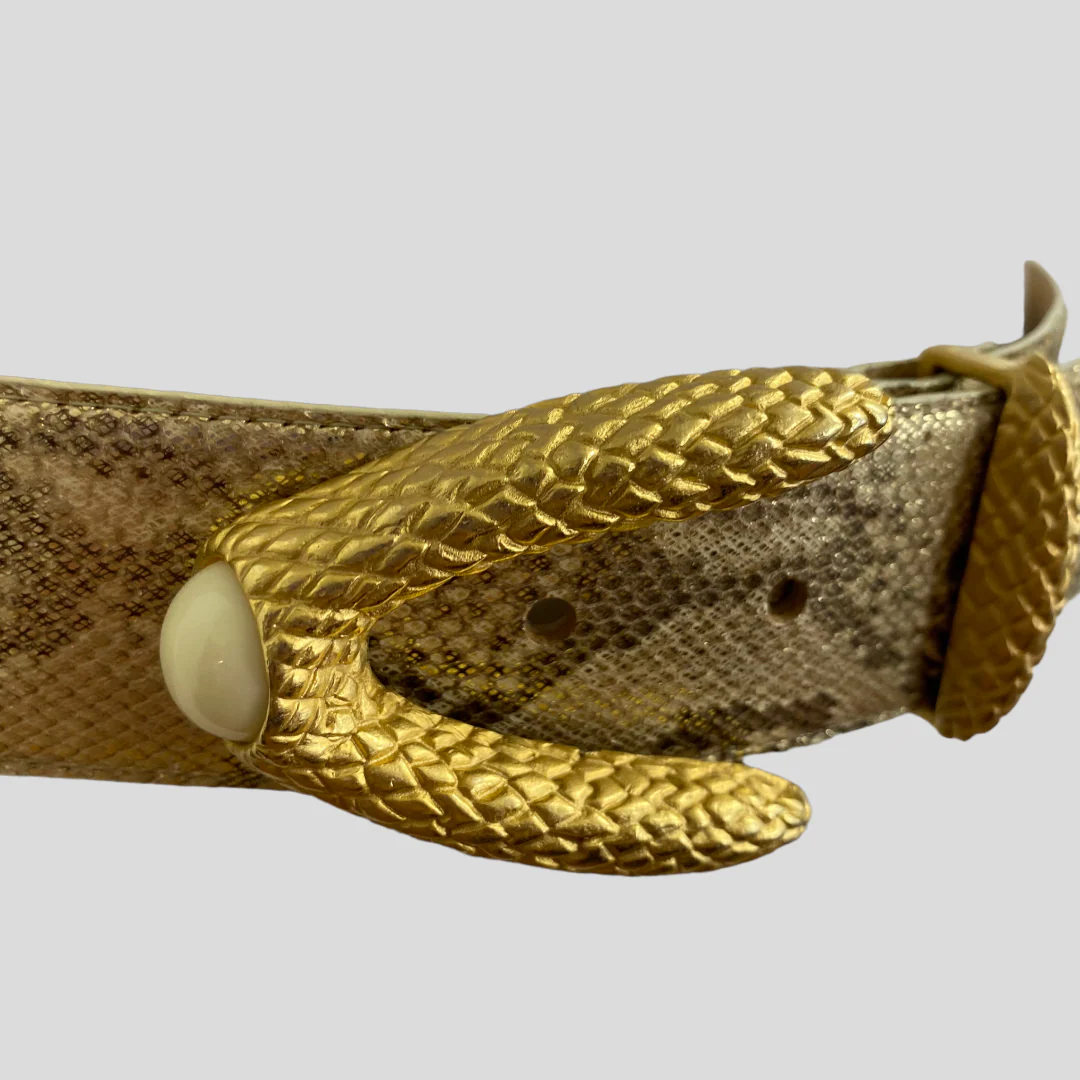 80s/90s Gold Snakeskin Print Belt With Ornate Gold Buckle By Carlisle - Image 3