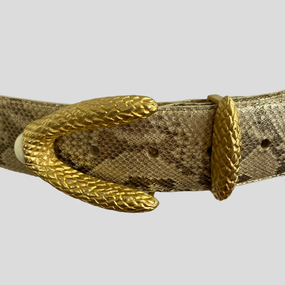 80s/90s Gold Snakeskin Print Belt With Ornate Gold Buckle By Carlisle - Image 4
