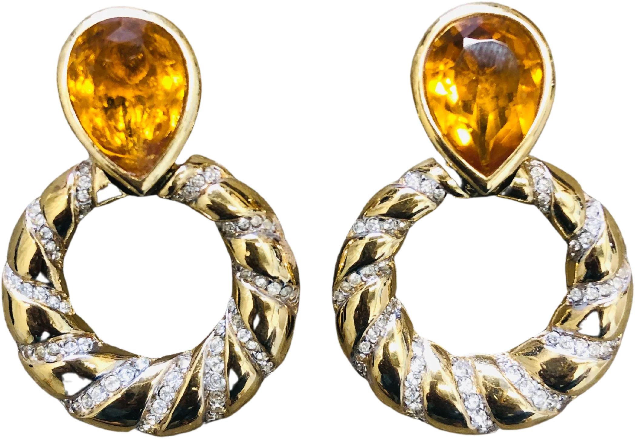80s/90s Goldtone Doorknocker Earrings With Topaz Stones By Nina Ricci