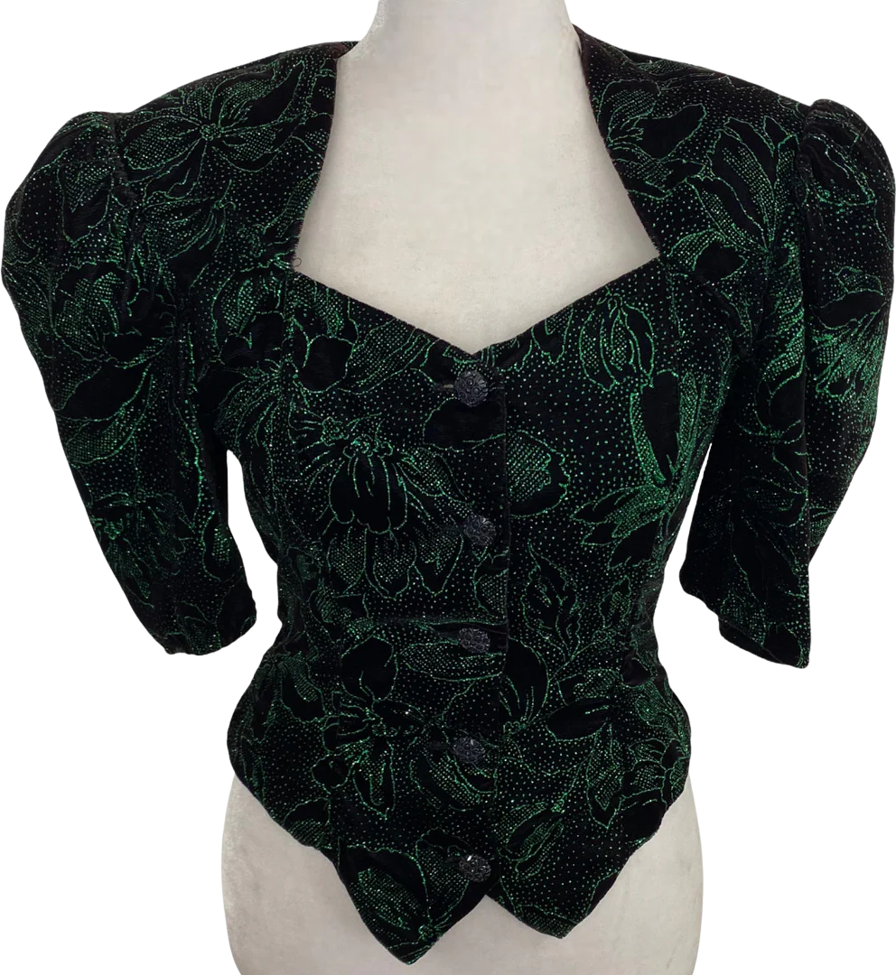 80s/90s Gothic Black Green Glitter Bow Back Top By Gunne Sax