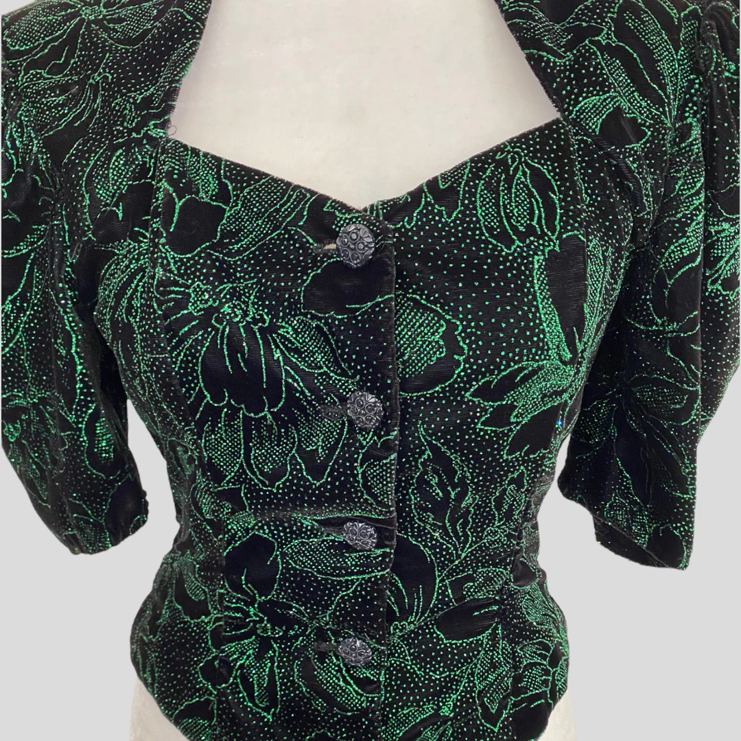 80s/90s Gothic Black Green Glitter Bow Back Top By Gunne Sax - Image 3
