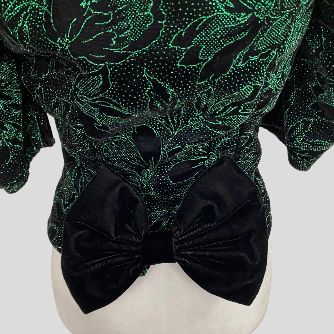 80s/90s Gothic Black Green Glitter Bow Back Top By Gunne Sax - Image 6