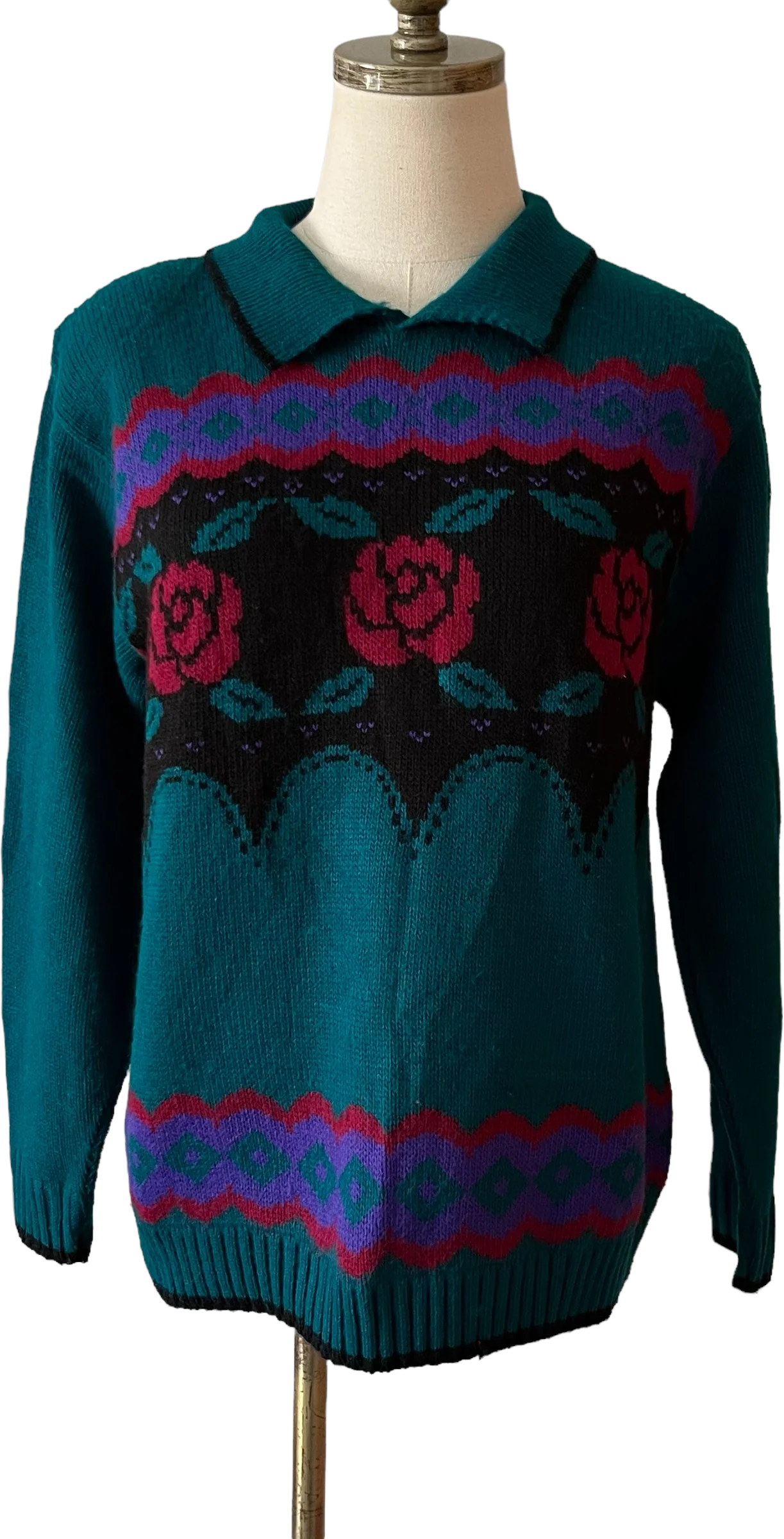 80s/90s Grandma Floral Knit Polo Sweater By Cricket Lane