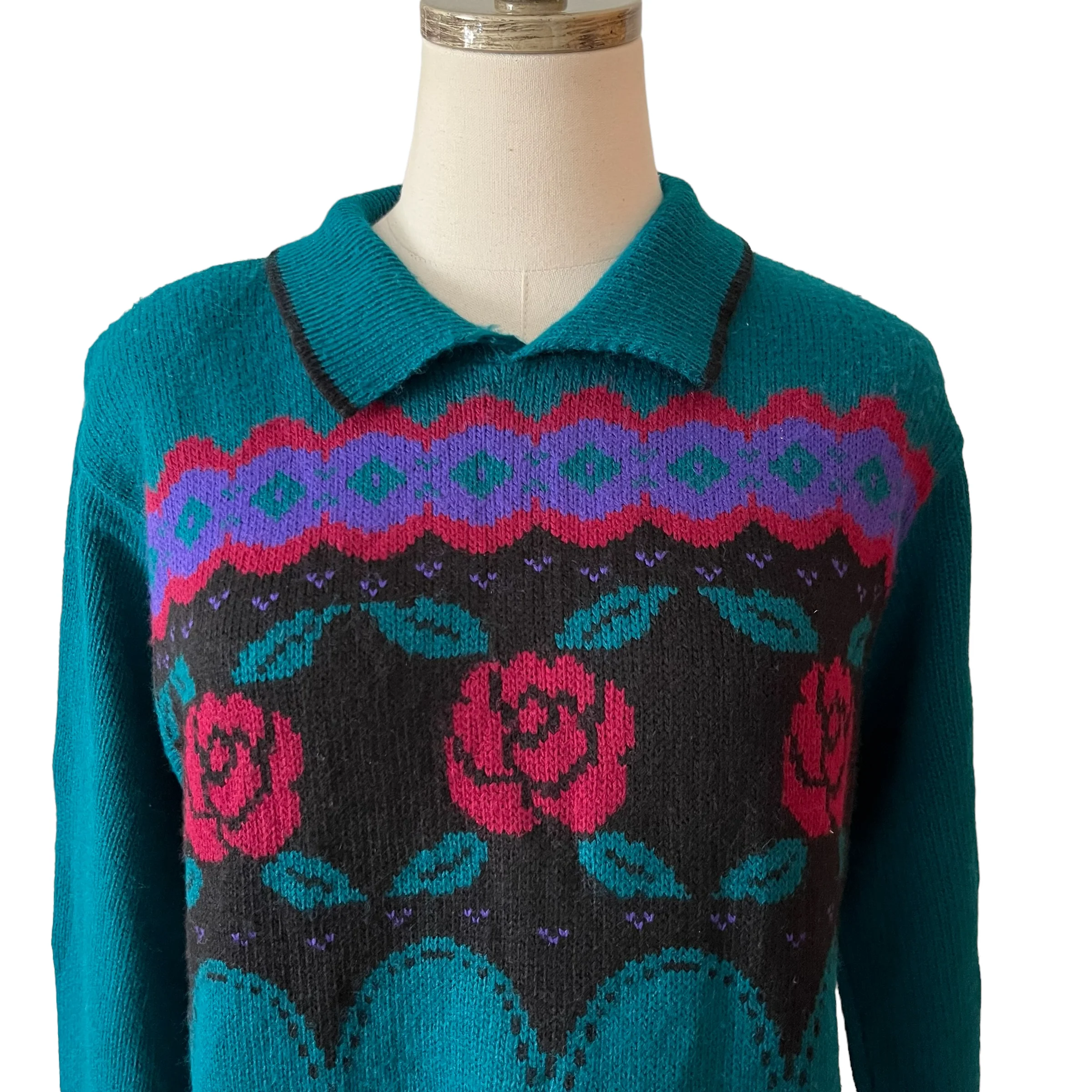 80s/90s Grandma Floral Knit Polo Sweater By Cricket Lane - Image 3