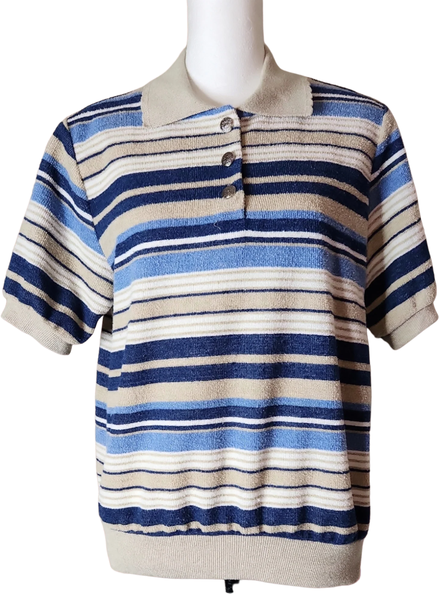 80s/90s Grandmacore Striped Terry Cloth Short Sleeve Top By Alfred Dunner