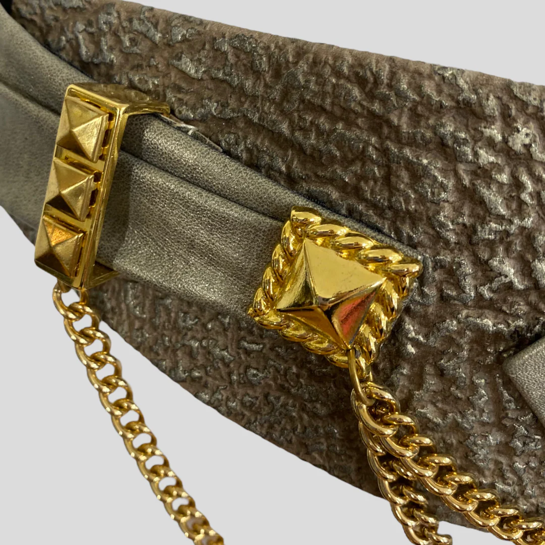 80s/90s Gray Textured Leather Gold Chain Link Crystal Belt by St Maarten - Image 5