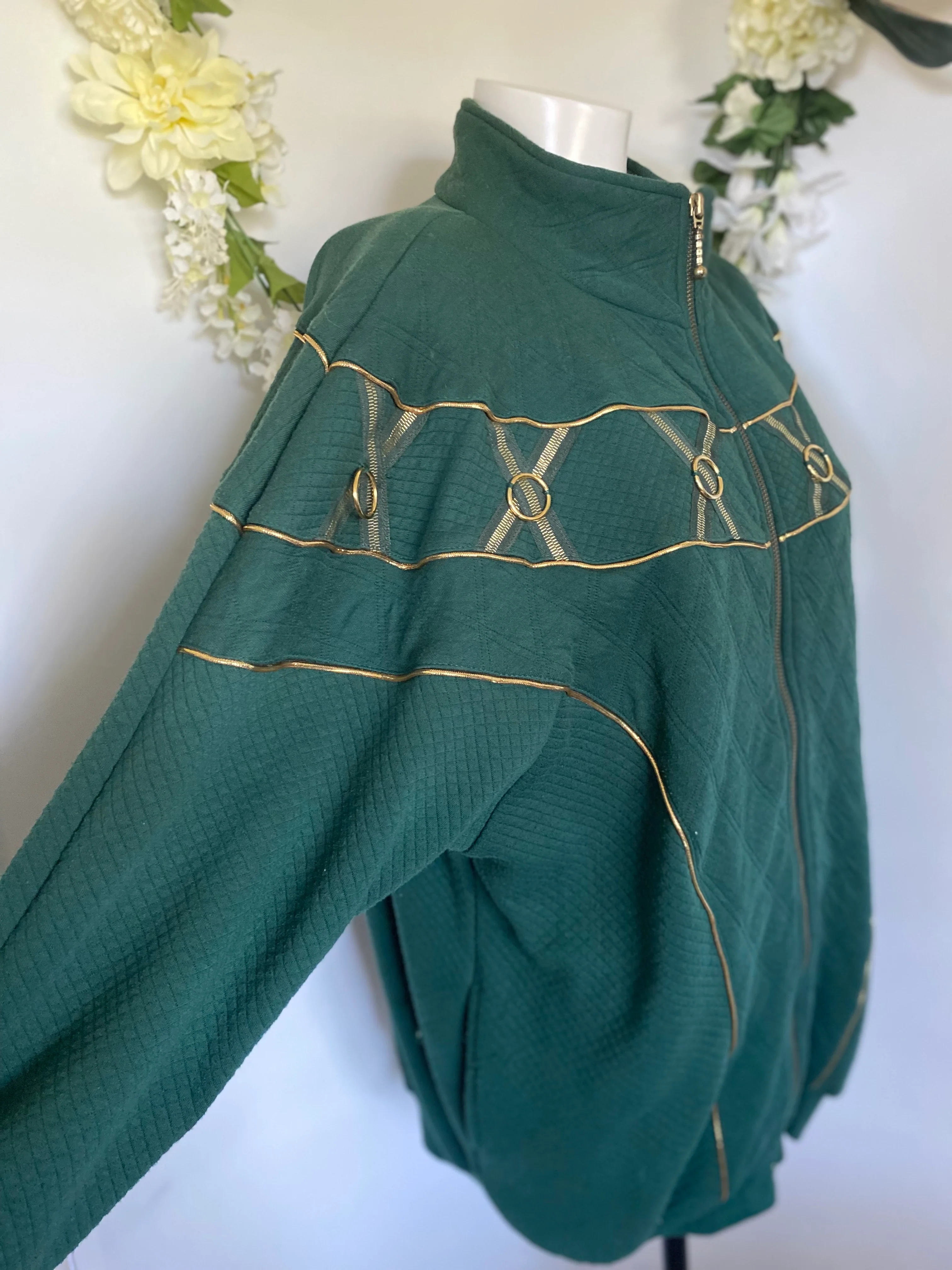 80s/90s Green And Gold Details Fully Zipped Sweater 80s By Donna Toran - Image 10