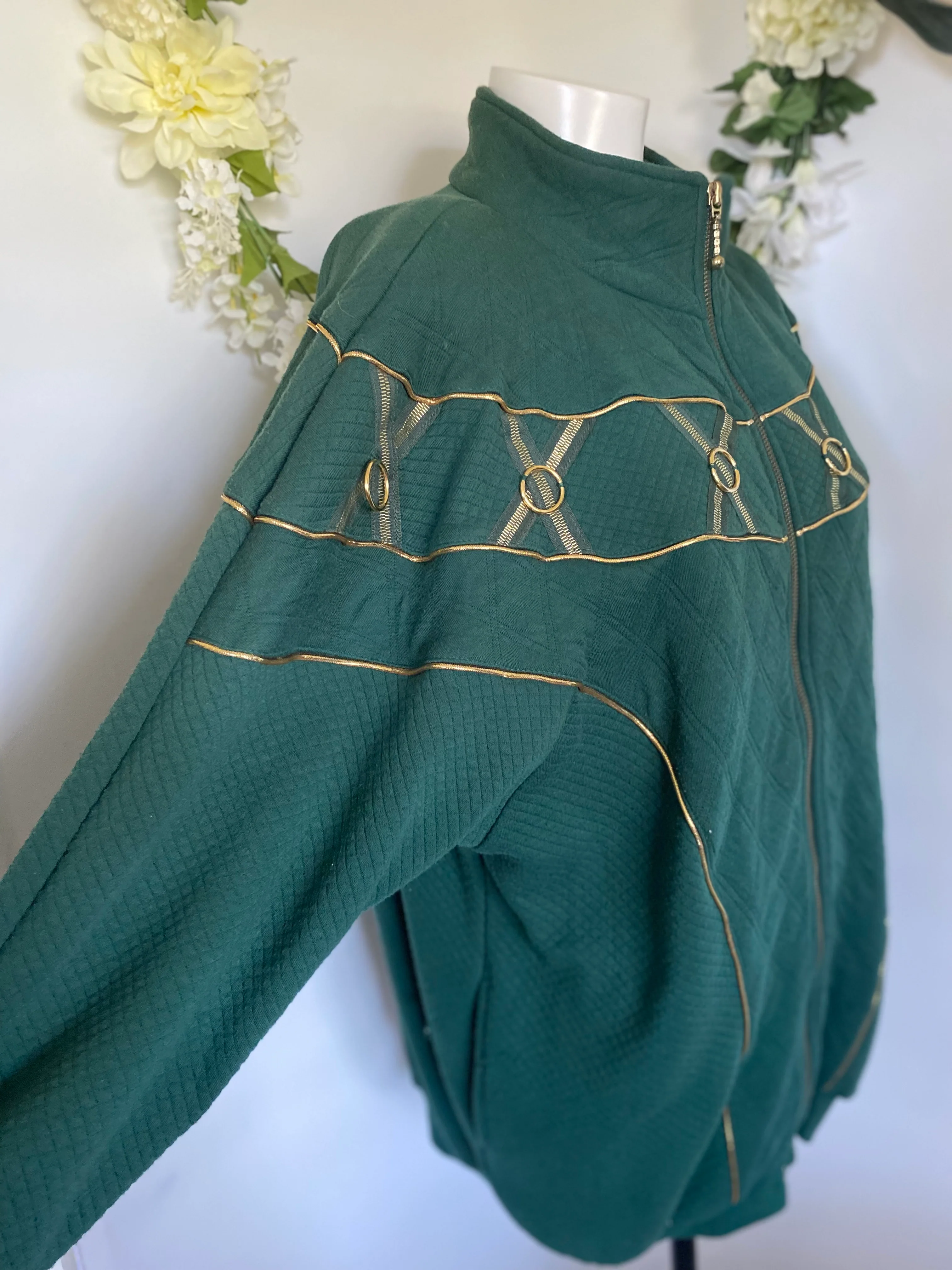 80s/90s Green And Gold Details Fully Zipped Sweater 80s By Donna Toran - Image 5