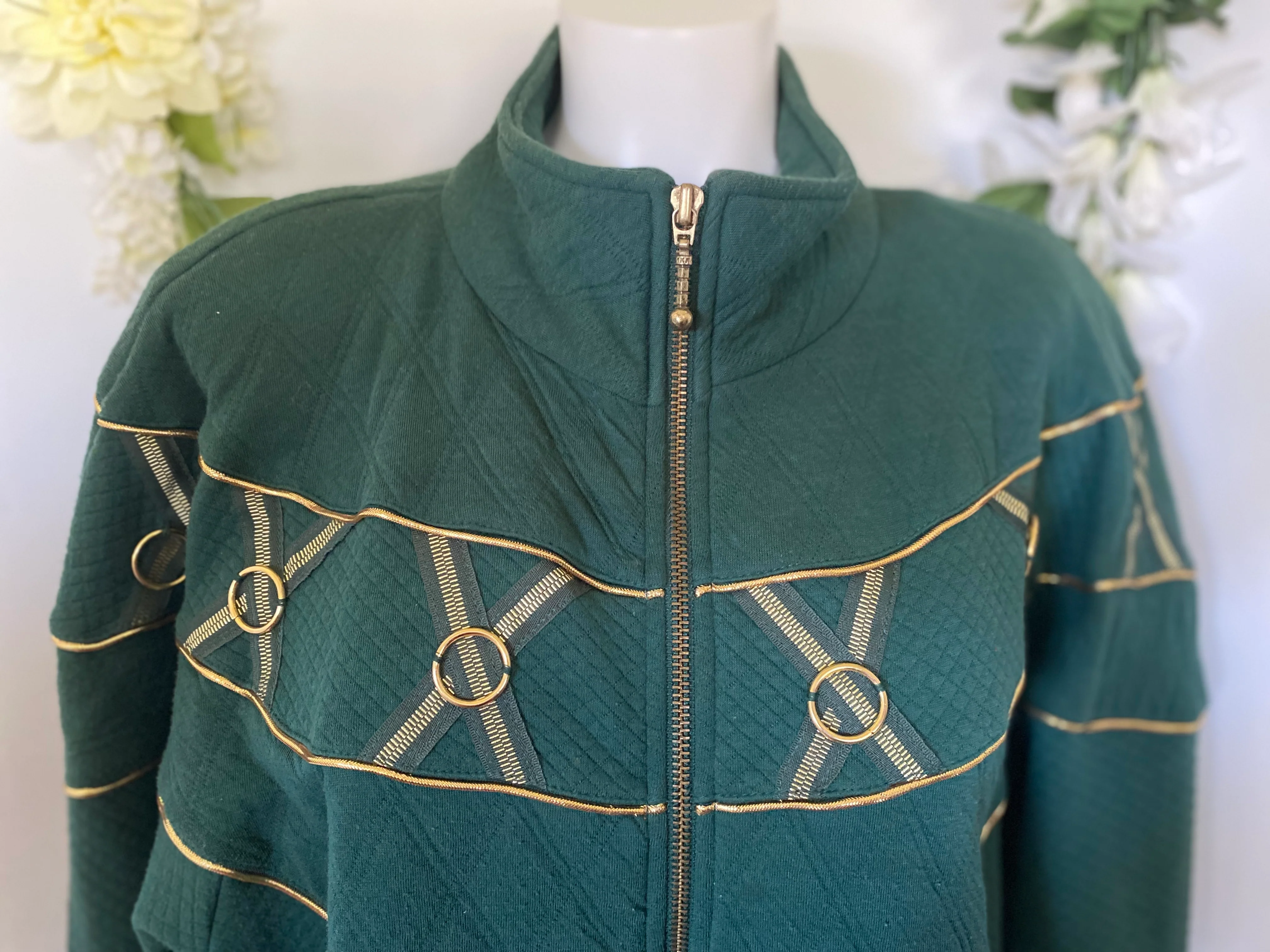 80s/90s Green And Gold Details Fully Zipped Sweater 80s By Donna Toran - Image 7