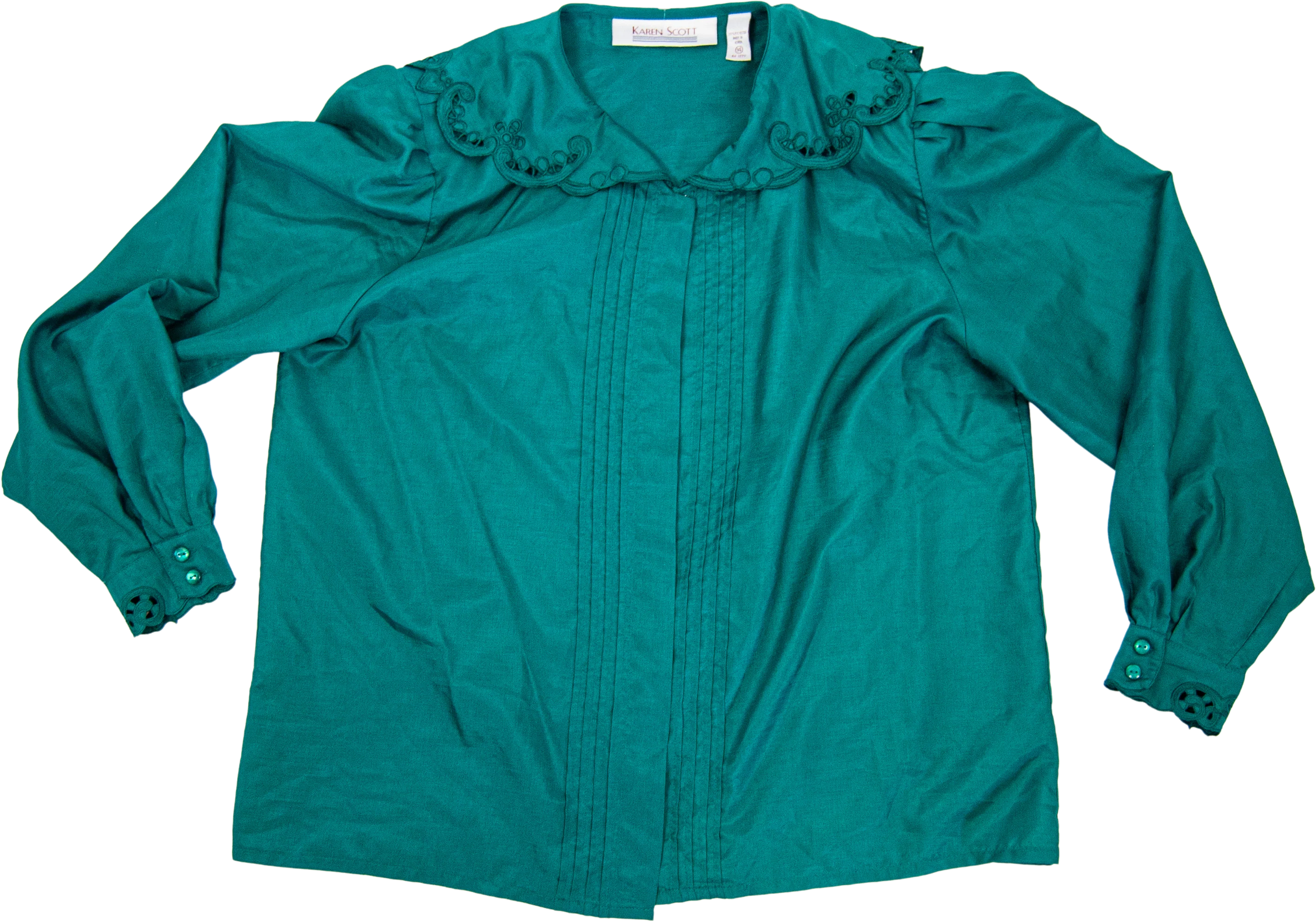 80s/90s Green Eyelet Collar Button Down Blouse By Karen Scott