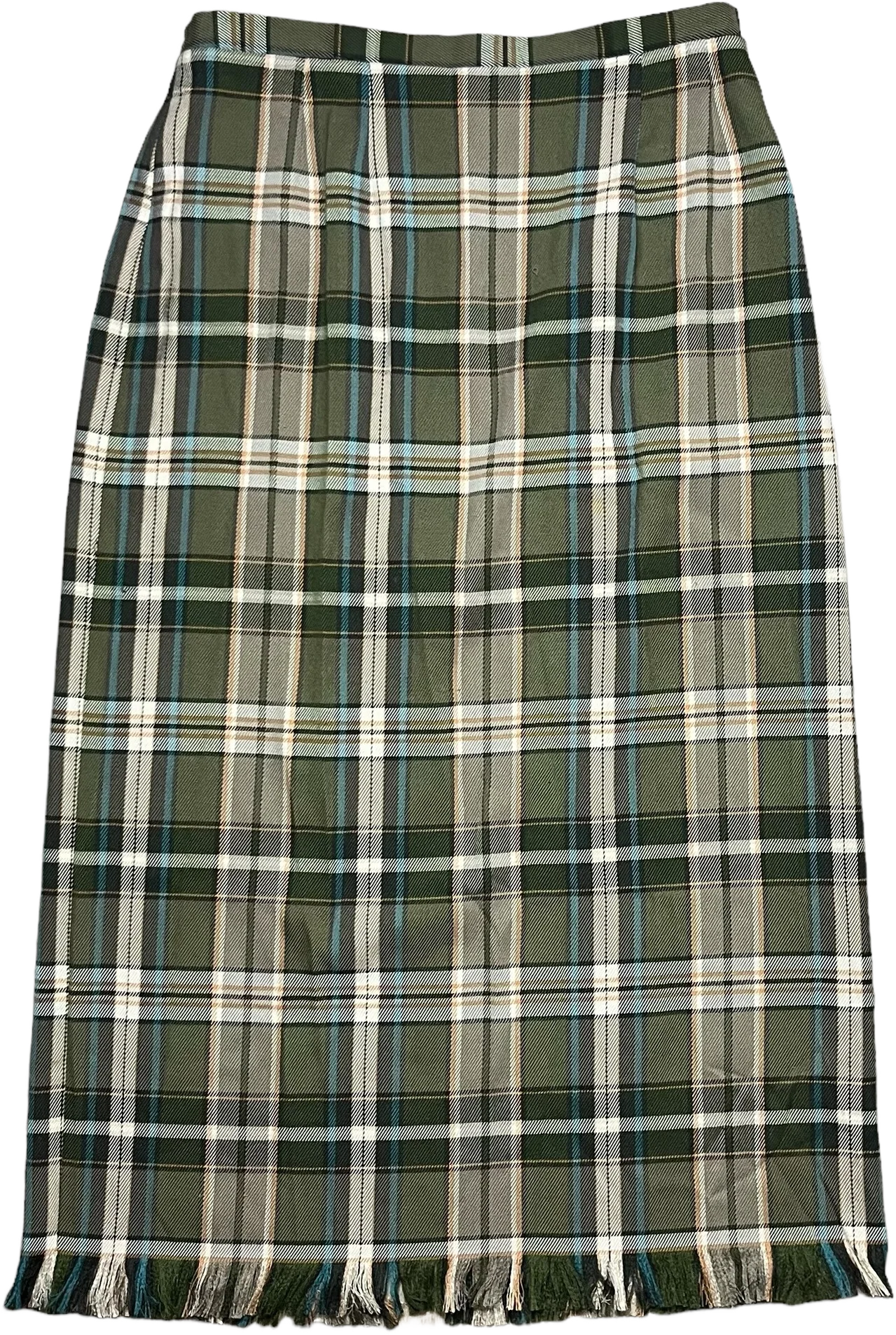 80s/90s Green Plaid Fringe Midi Skirt