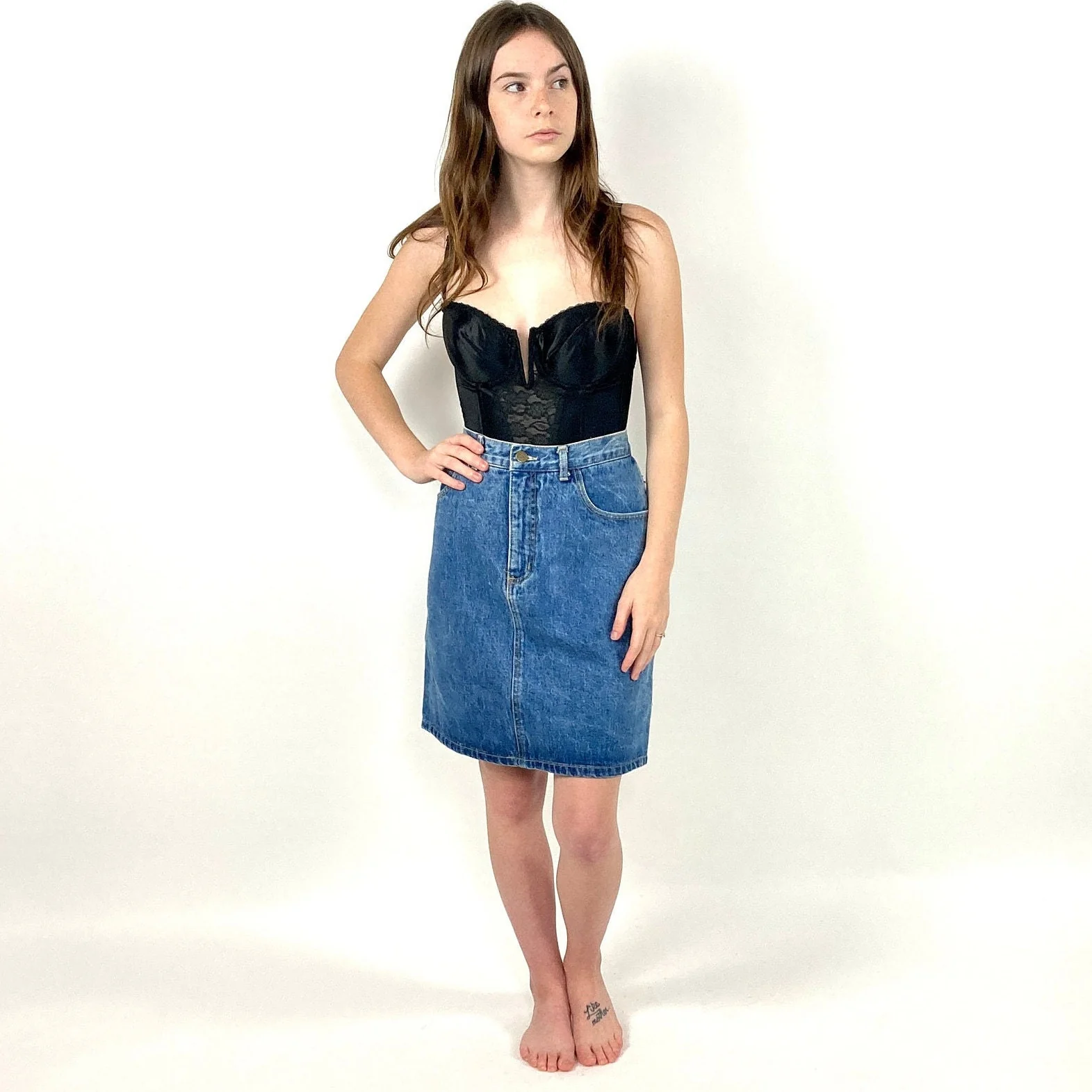 80s 90s Guess High Waist Denim Blue Jean Mini Skirt Rocker Georges Marciano Vintage Dress by Guess - Image 3