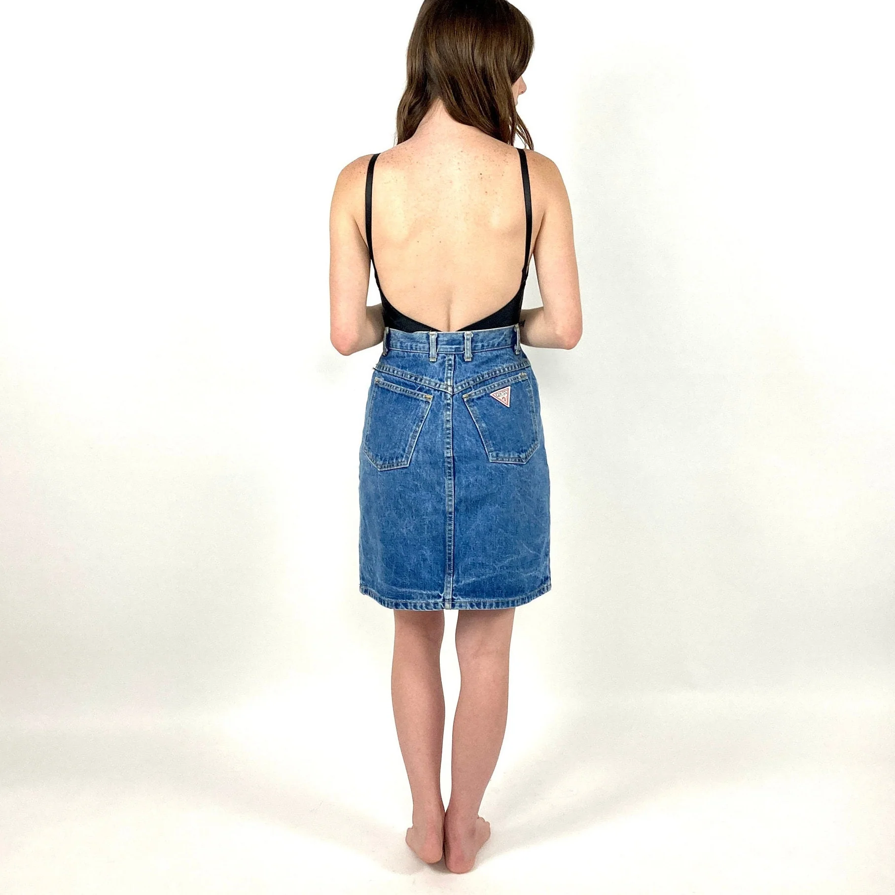 80s 90s Guess High Waist Denim Blue Jean Mini Skirt Rocker Georges Marciano Vintage Dress by Guess - Image 4