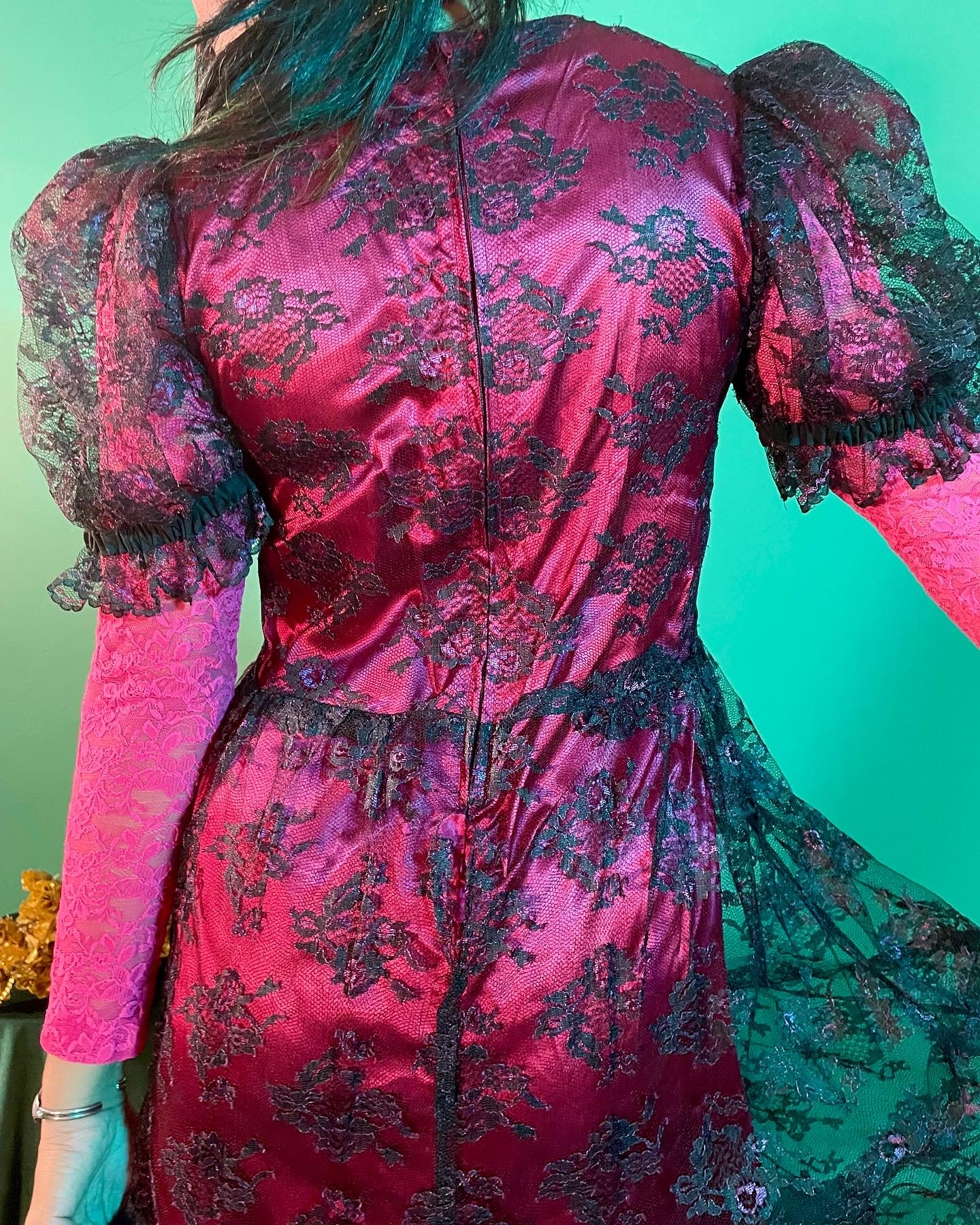 80s/90s Handmade Black Lace Over Magenta Puff Sleeve Dress - Image 3