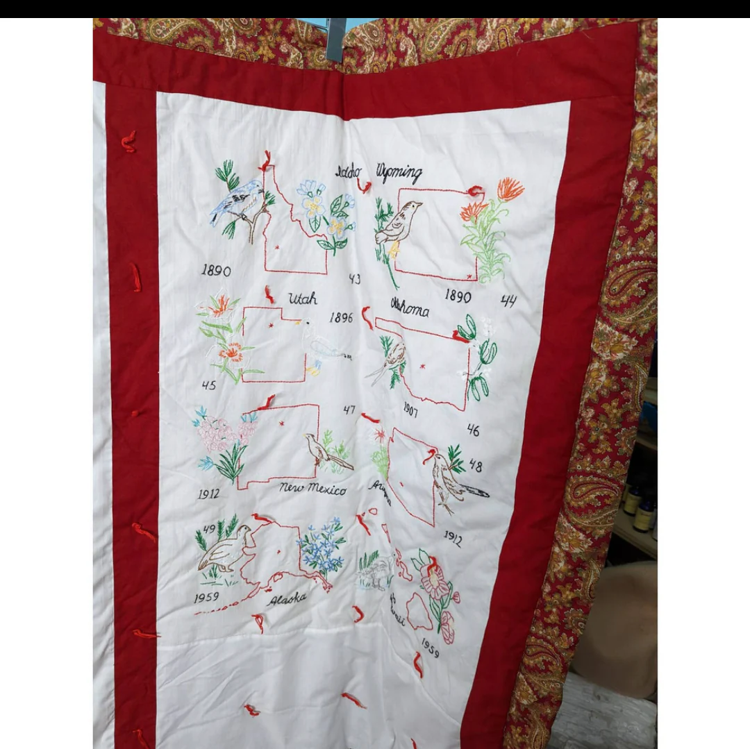 80s/90s Handmade Quilt Embroidered 50 States - Image 11