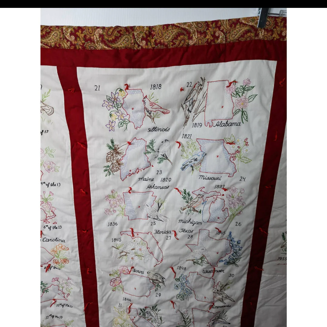 80s/90s Handmade Quilt Embroidered 50 States - Image 6